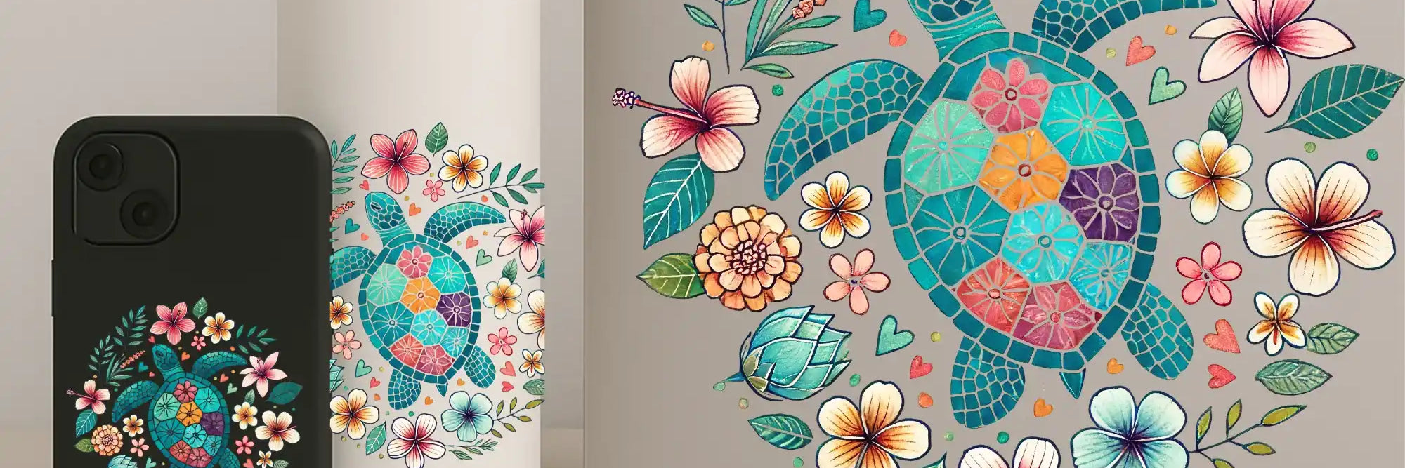Boho floral sea turtle UV DTF transfer applied to a water bottle, phone case, and laptop