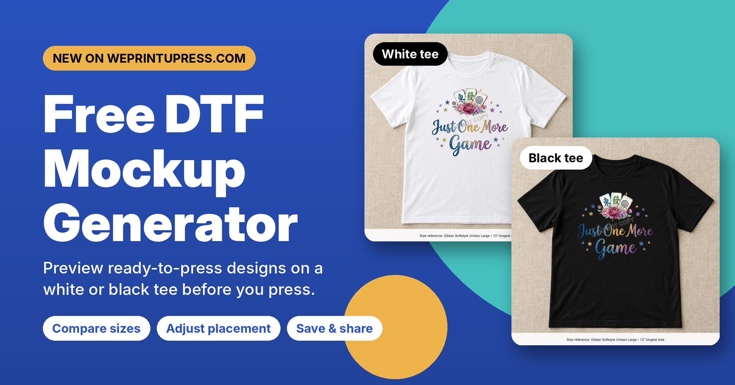 Just One More Game mahjong watercolor floral DTF transfer previewed on a white T-shirt and a black T-shirt in the We Print U Press mockup generator