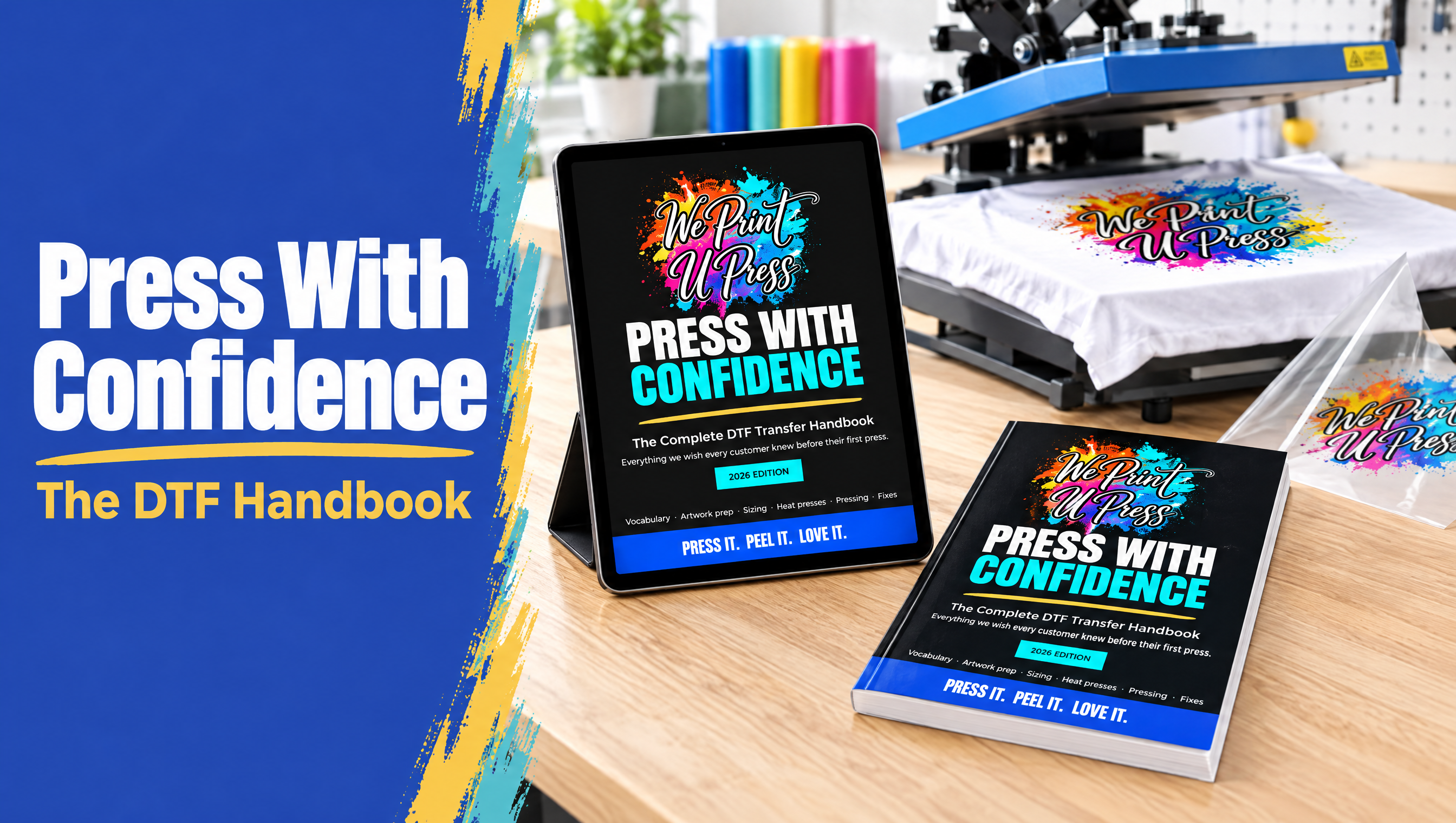 Press With Confidence: The DTF Handbook on a print shop workbench next to a heat press and a freshly pressed shirt