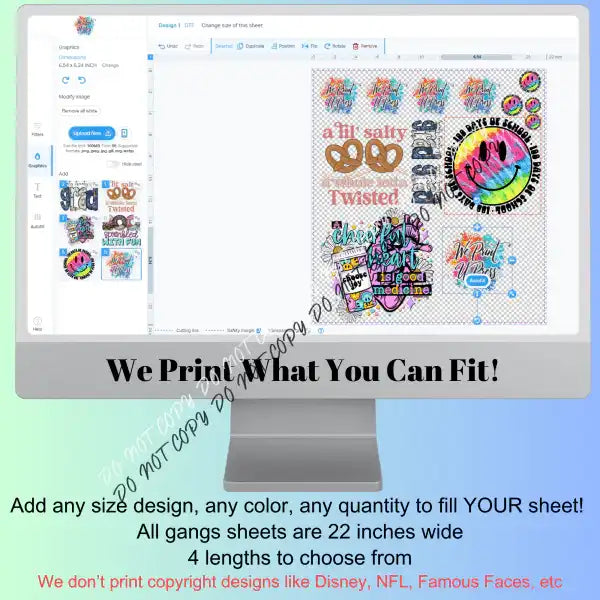 Custom DTF transfer sheet gang sheet filled with multiple designs