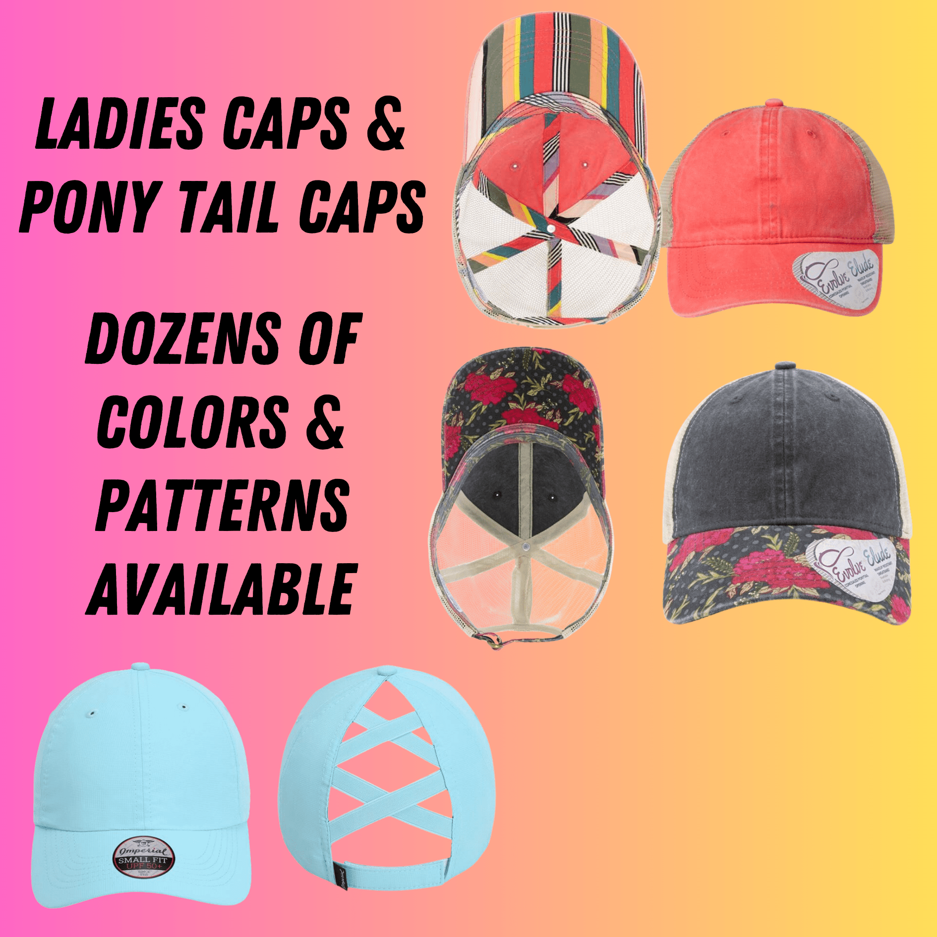 Women's Caps & Ponytail Caps - We Print U Press DTF Transfers