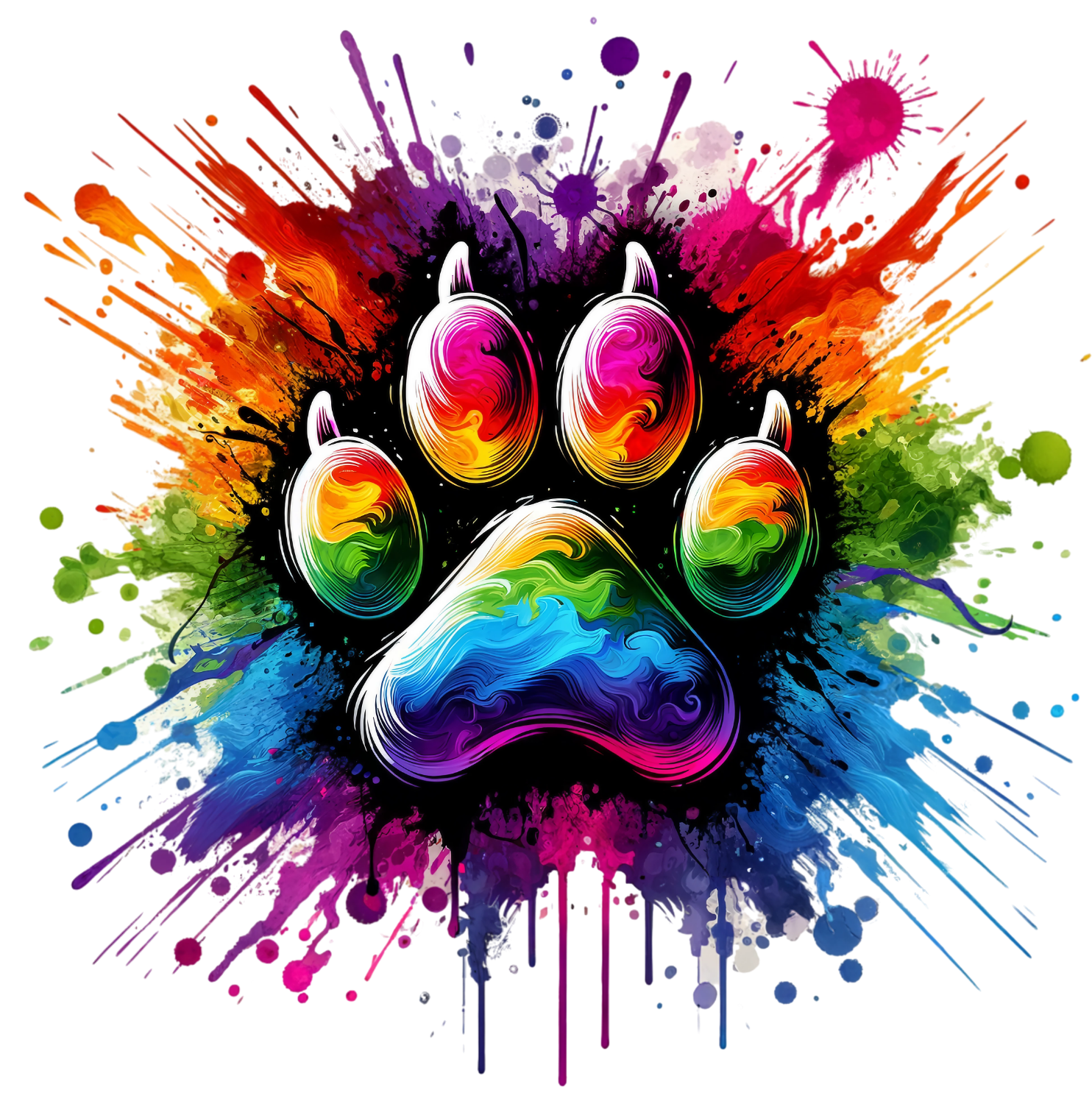 Colorful rainbow paw print with vibrant paint splashes, ready to press dtf transfer design