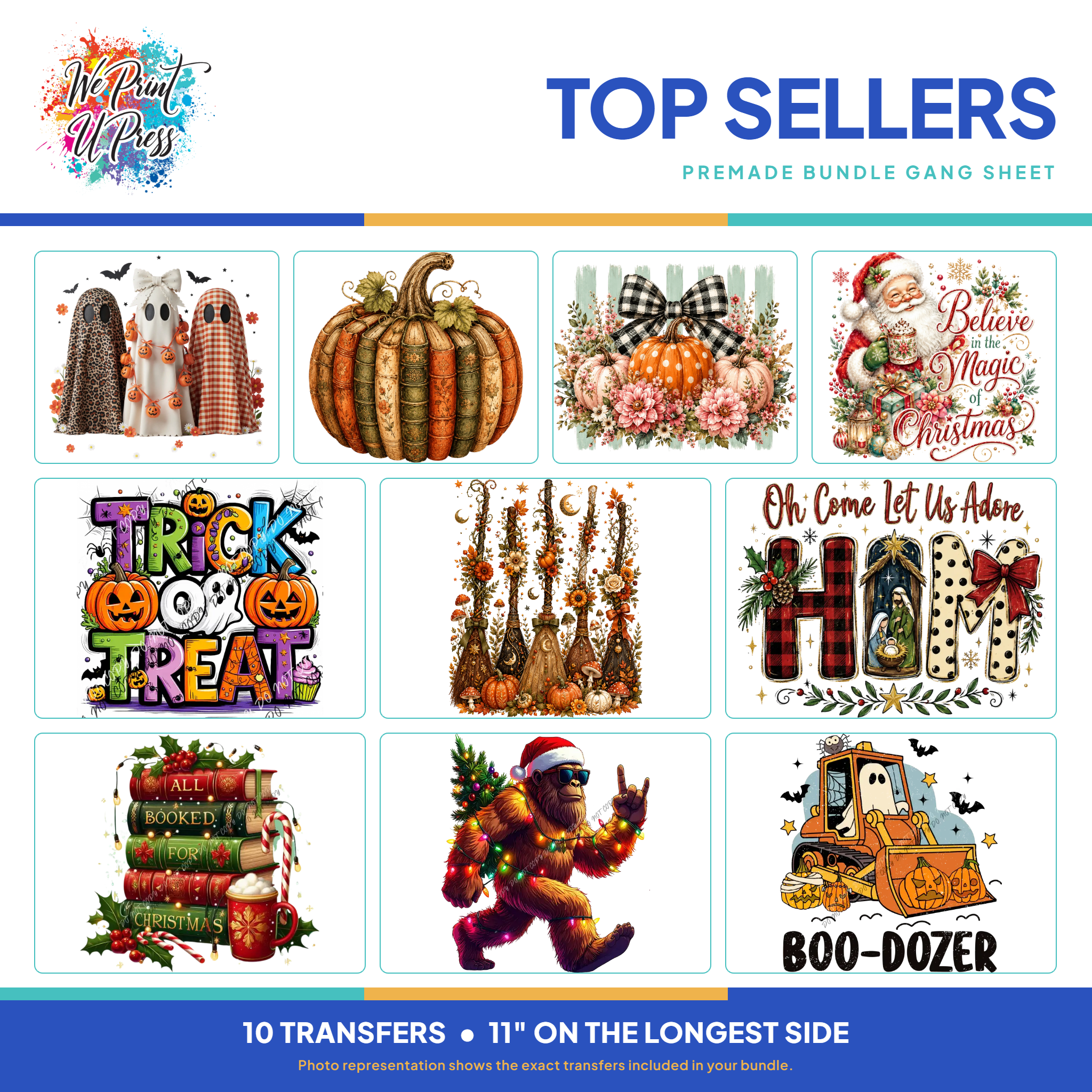 Pumpkins to Presents premade gang sheet bundle, 10 DTF transfers at 11 inches on the longest side