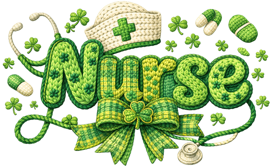 Green textured nurse shamrock design with medical cross, ready to press dtf transfer with lucky clover graphics
