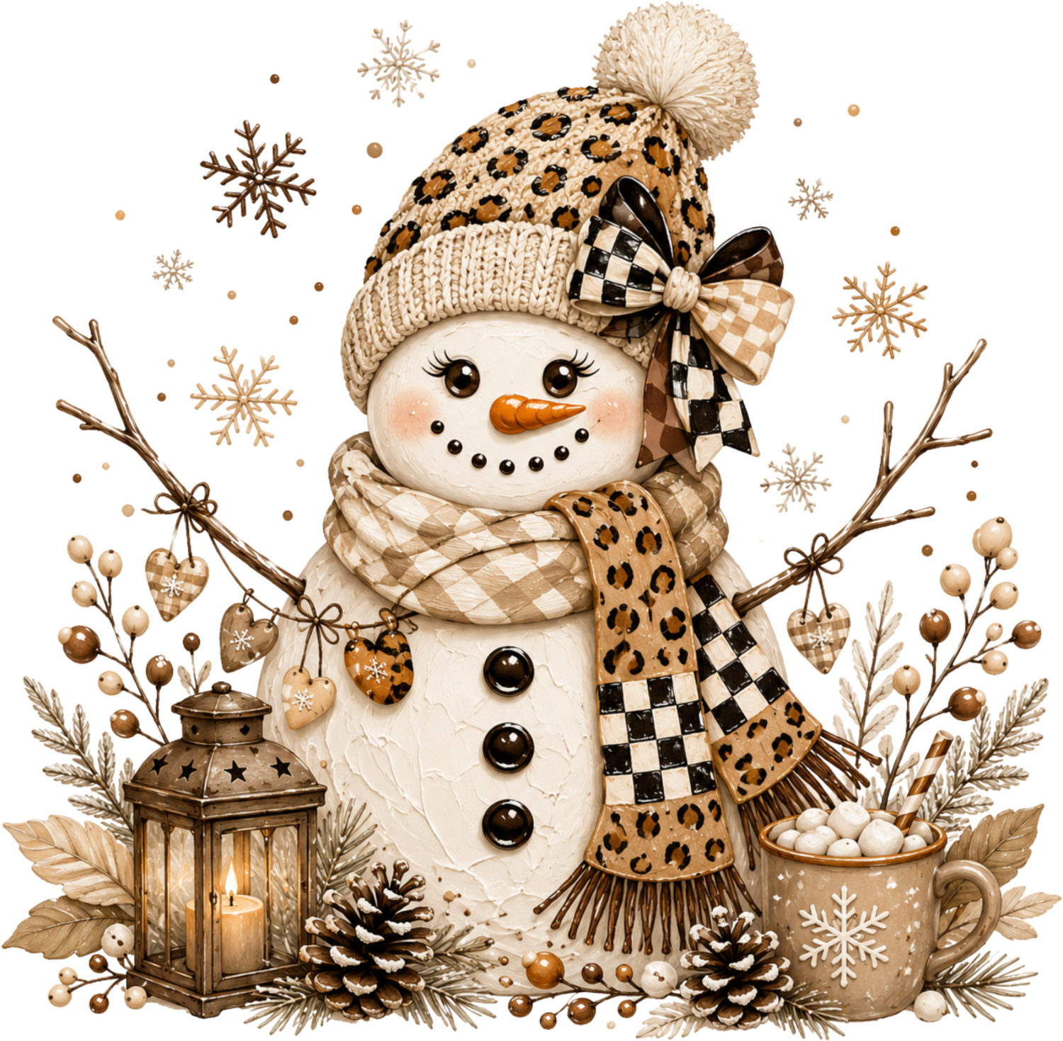 Cheerful snowman wearing leopard print beanie and checkered scarf, ready to press dtf transfer with winter decorations.