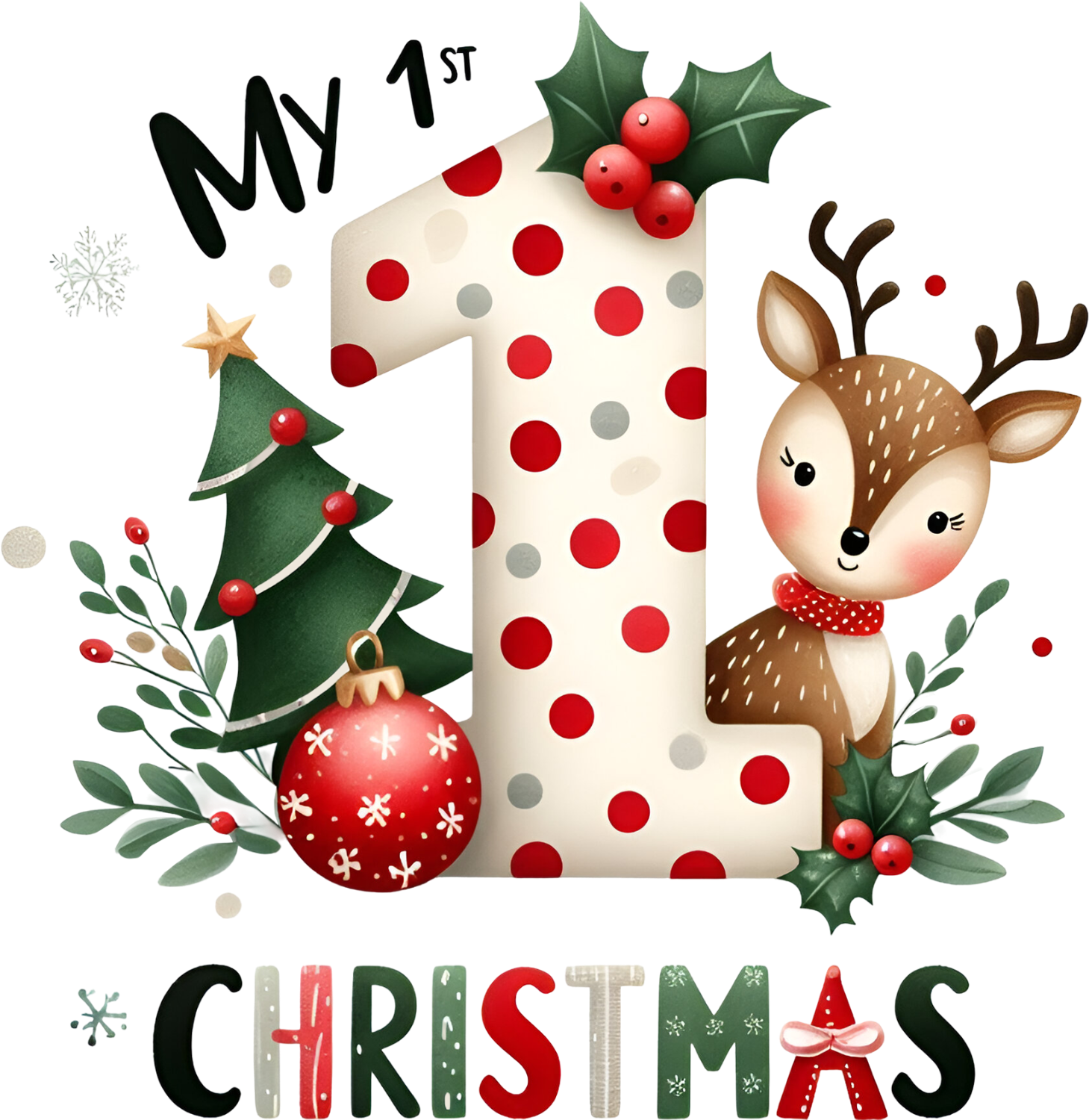 My 1st Christmas DTF transfer with cute reindeer, holly berries, Christmas tree, and ornaments ready to press dtf transfer