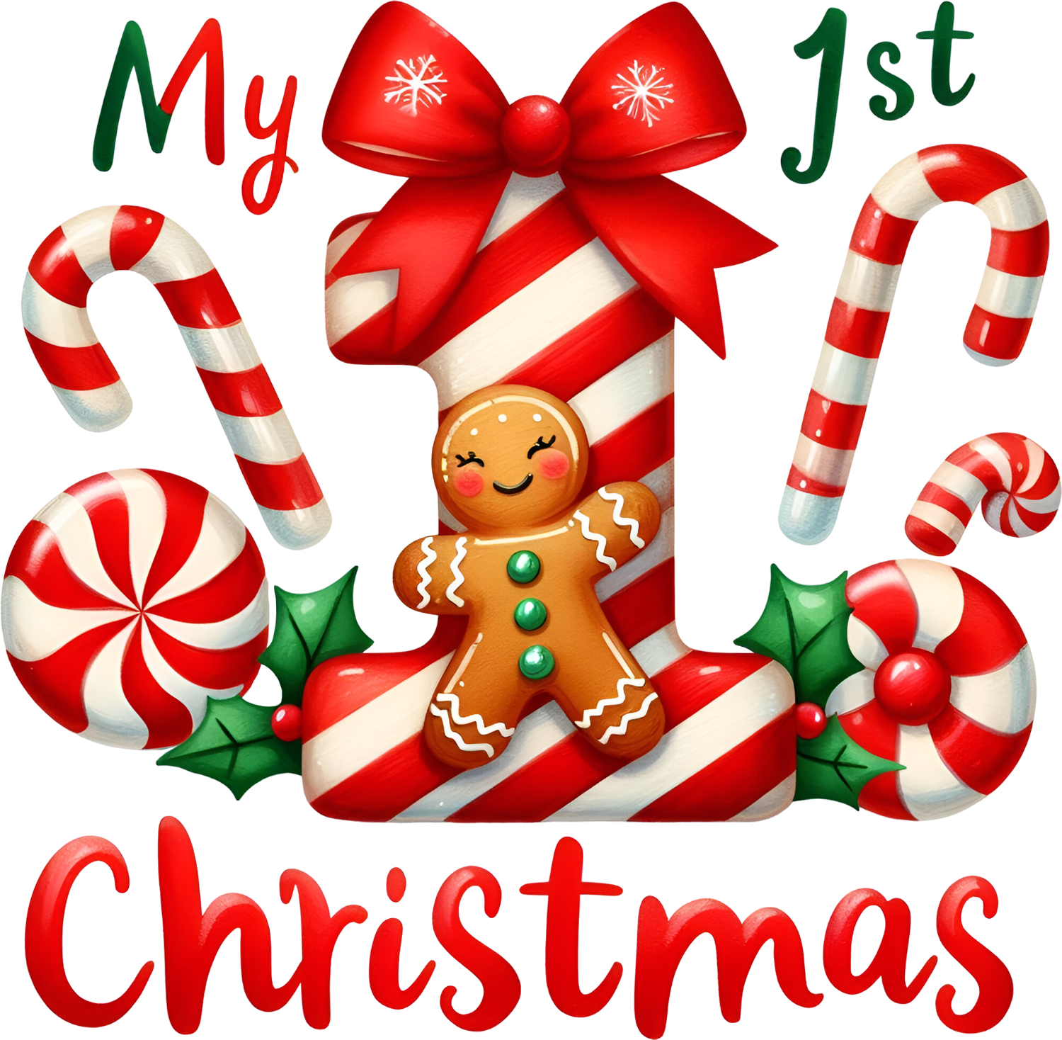 Festive My 1st Christmas design with gingerbread man, candy canes, and red/white striped pattern ready to press dtf transfer