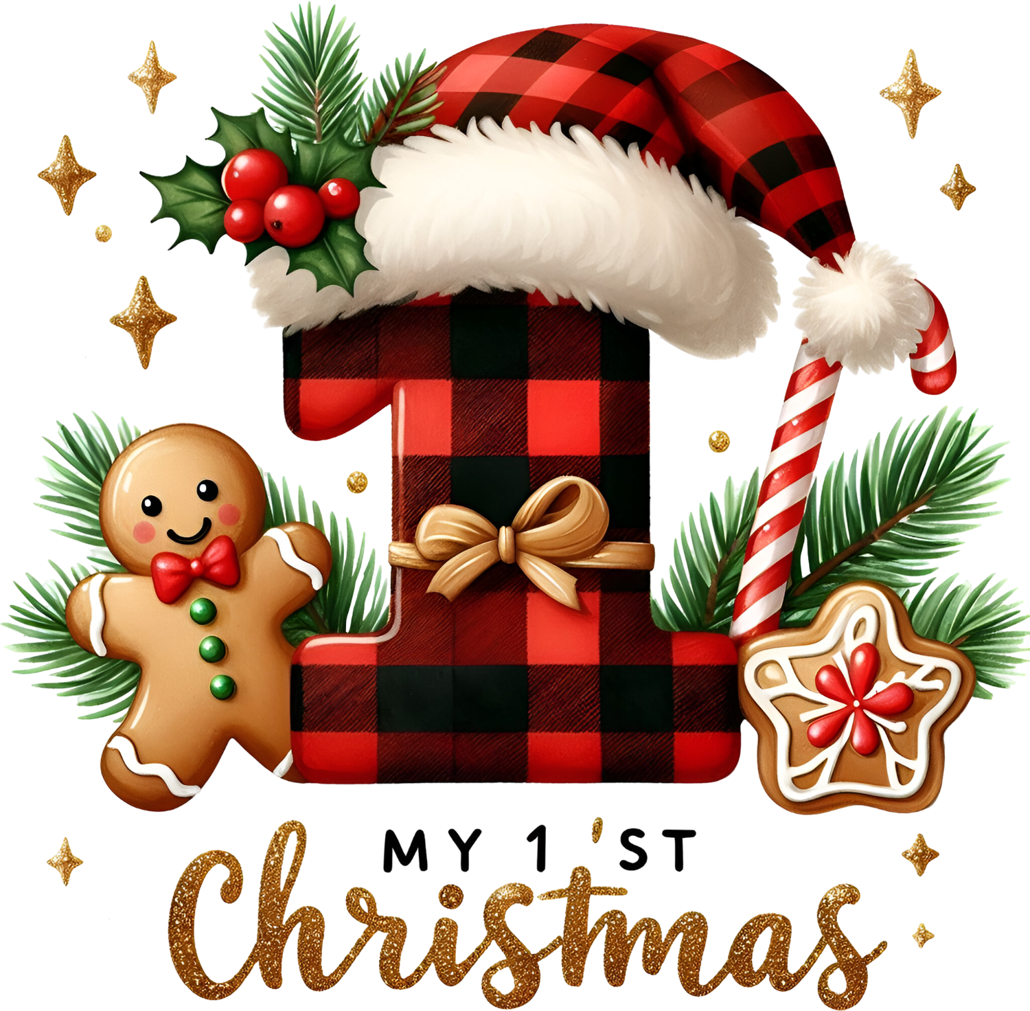 My 1st Christmas buffalo plaid stocking with Santa hat and gingerbread man ready to press dtf transfer