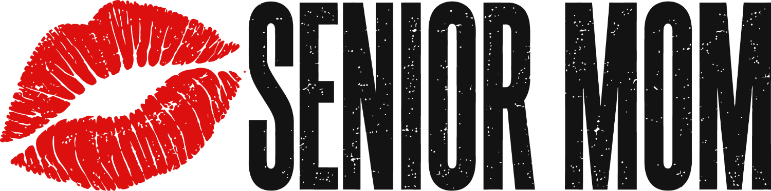 Red lipstick kiss mark with Senior Mom text in black distressed font, ready to press dtf transfer