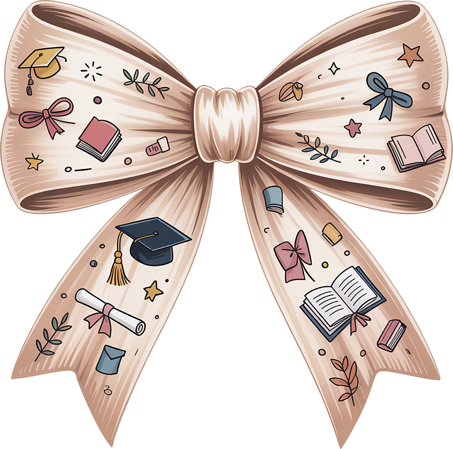 Tan ribbon bow with graduation, books, and academic icons ready to press dtf transfer