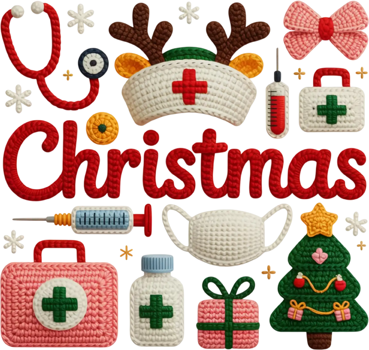 Colorful healthcare Christmas icons including stethoscope, syringe, medical bag, and Christmas tree ready to press dtf transfer