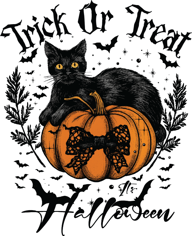 Black cat with golden eyes sitting on orange pumpkin with bow, bats and stars, ready to press dtf transfer