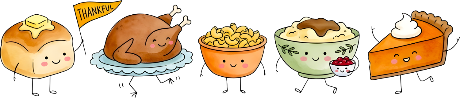 Cartoon Thanksgiving foods with happy faces including turkey, corn, mashed potatoes, and pie - ready to press DTF transfer