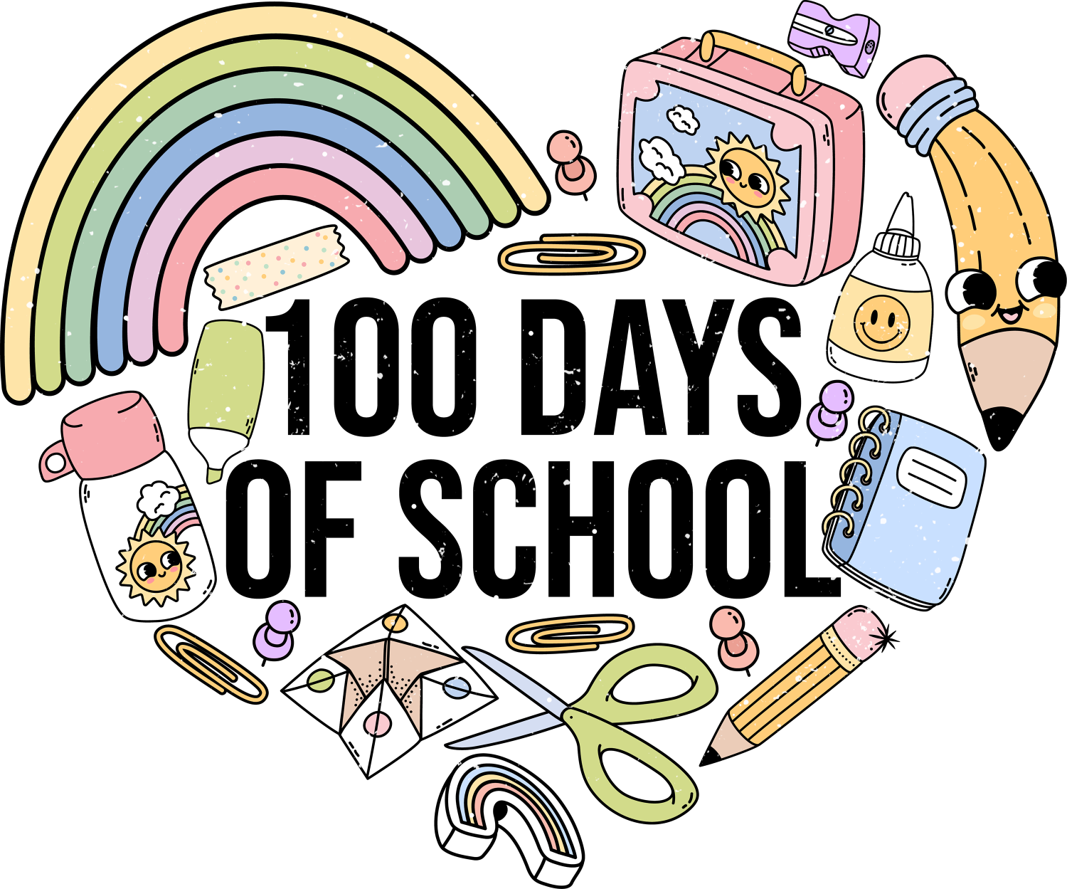 Colorful 100 Days of School design with rainbow, school supplies, and smiling sun—ready to press dtf transfer