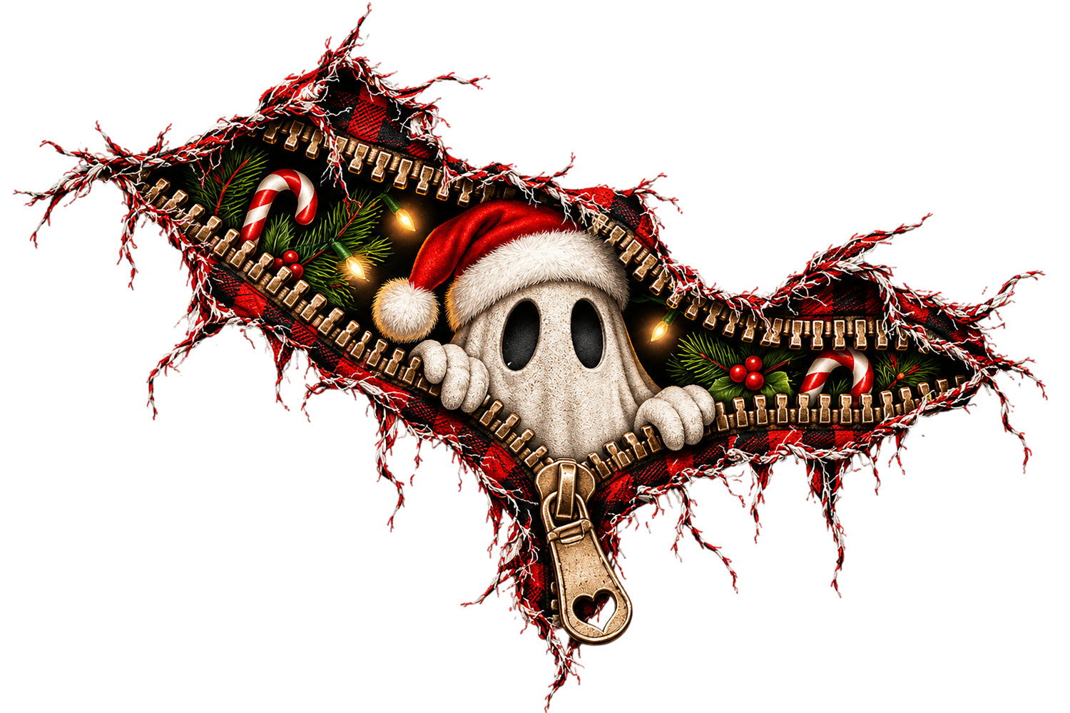 Peek a Boo Ghost Christmas Zipper DTF Transfer wearing Santa hat with Christmas decorations and gold zipper, ready to press dtf transfer