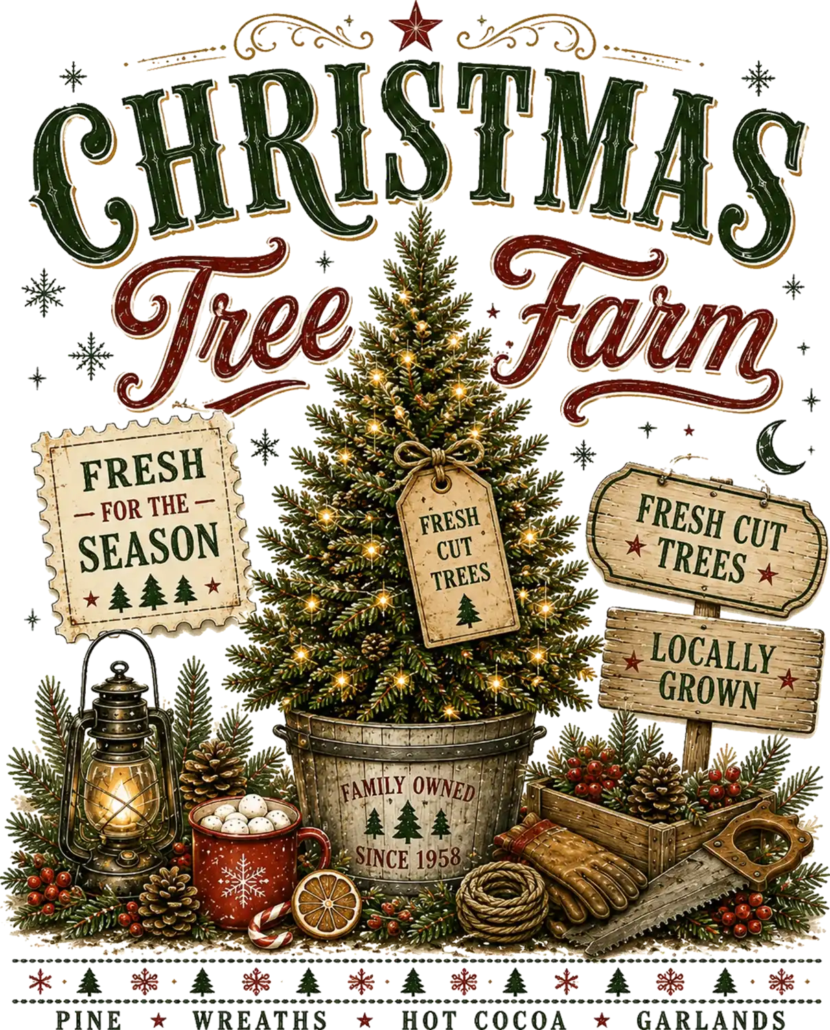 Vintage Christmas Tree Farm design with pine trees, lantern, hot cocoa mug, and wooden signs ready to press dtf transfer