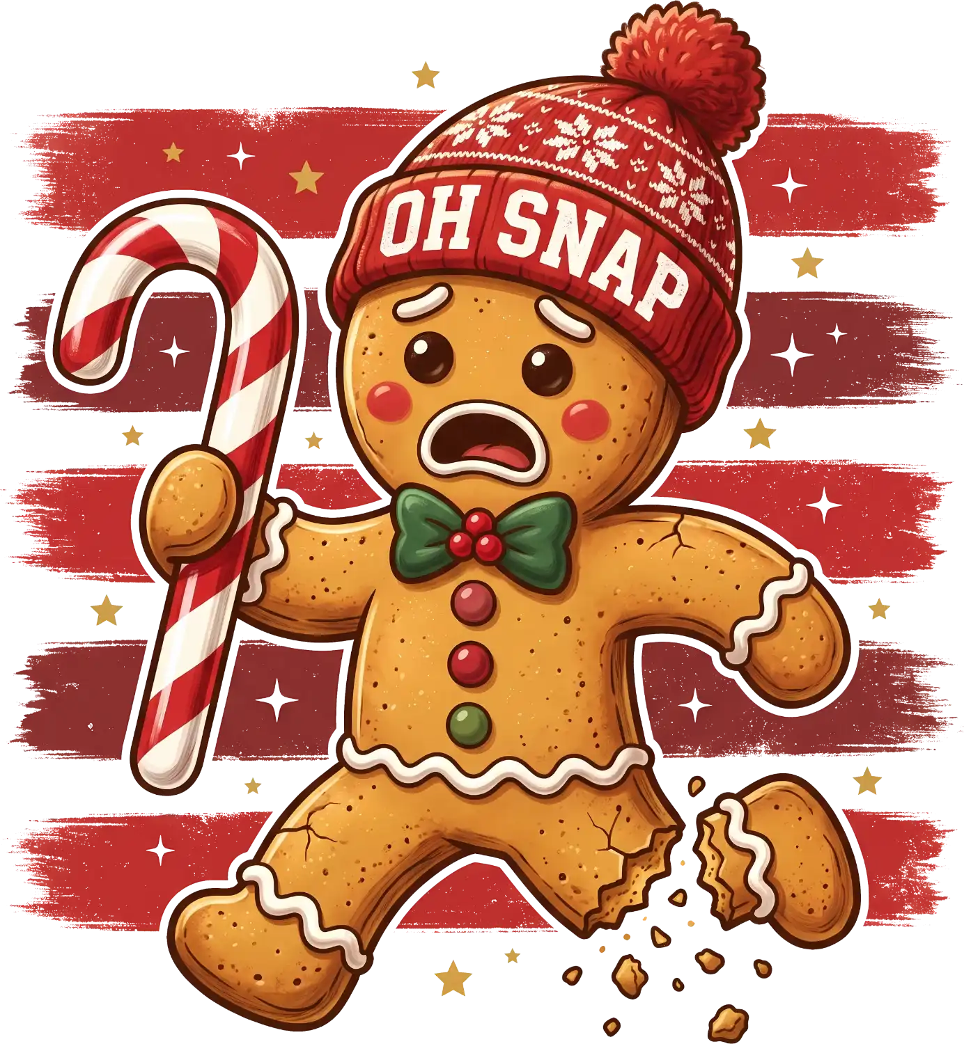 Cartoon gingerbread man wearing red pom beanie holding candy cane, ready to press dtf transfer with holiday theme
