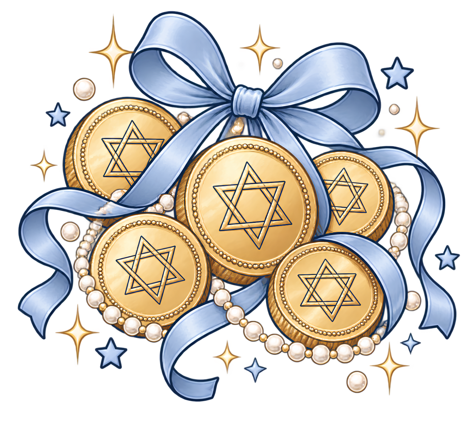 Hanukkah gold coins with Star of David, blue ribbons, and pearls—ready to press dtf transfer with sparkles.