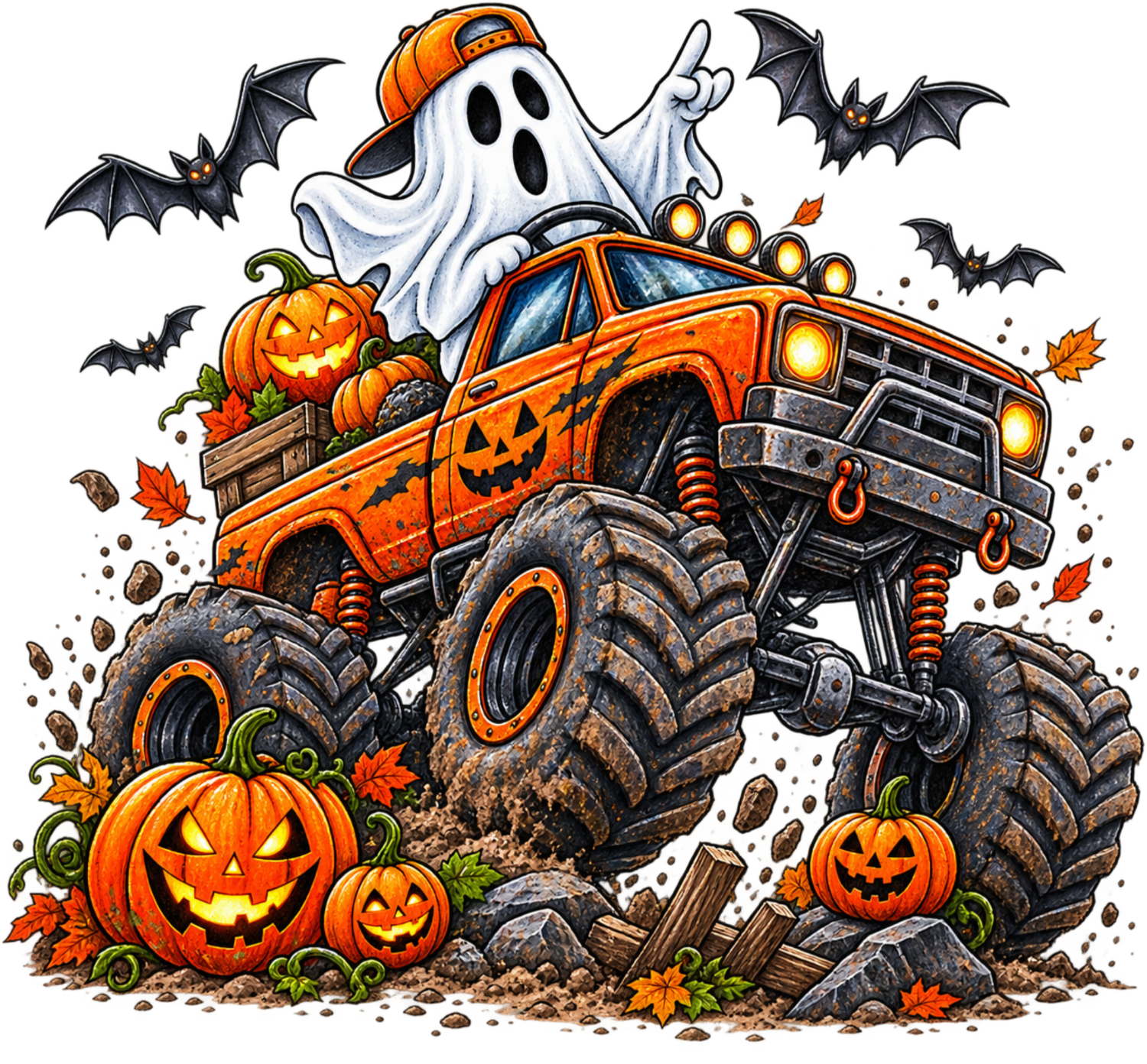 Orange monster truck with ghost wearing baseball cap, jack-o-lantern pumpkins, flying bats and autumn leaves, ready to press dtf transfer