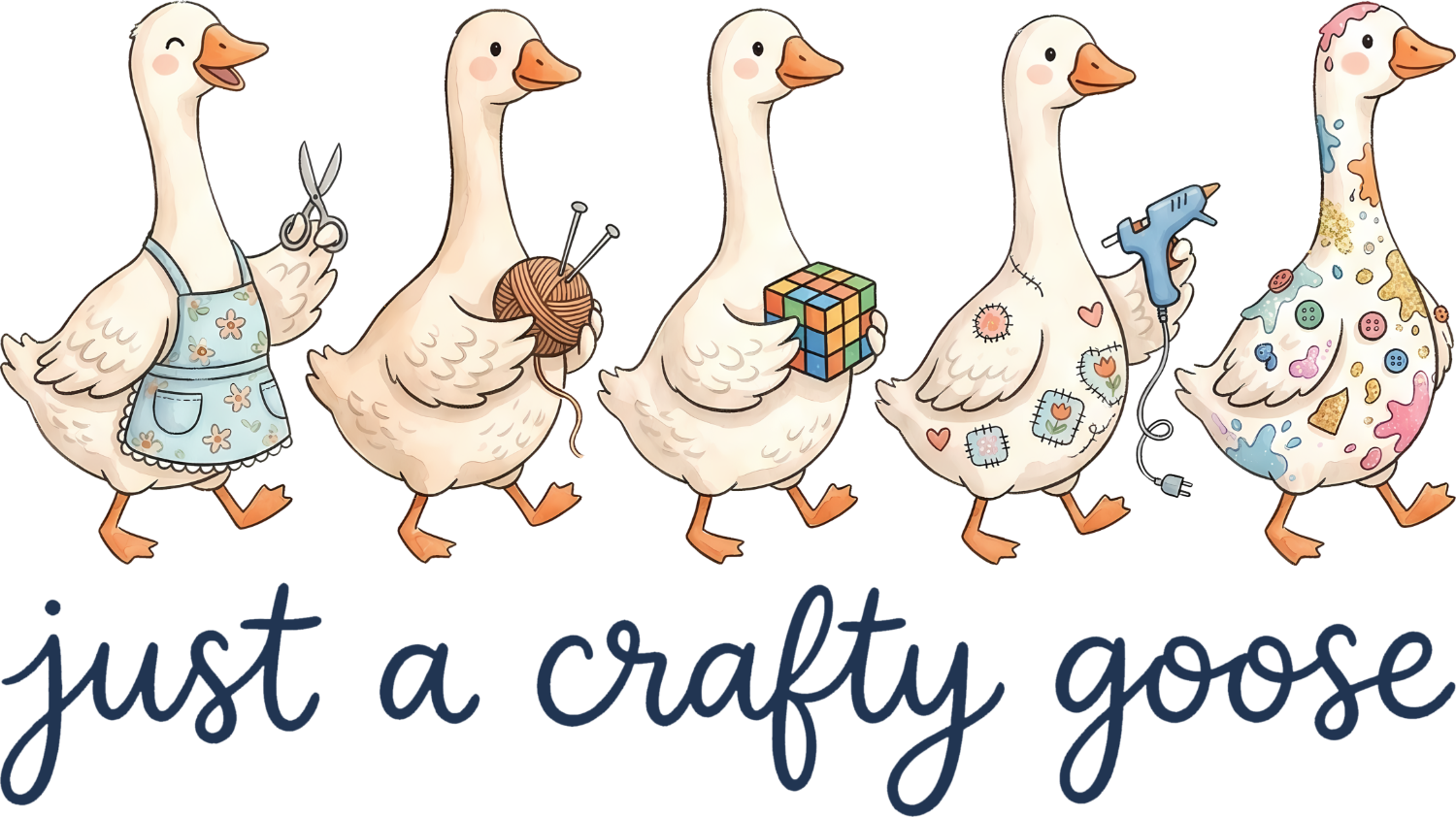 Five white geese with colorful craft supplies including scissors, yarn, knitting needles, Rubik's cube, and confetti ready to press dtf transfer