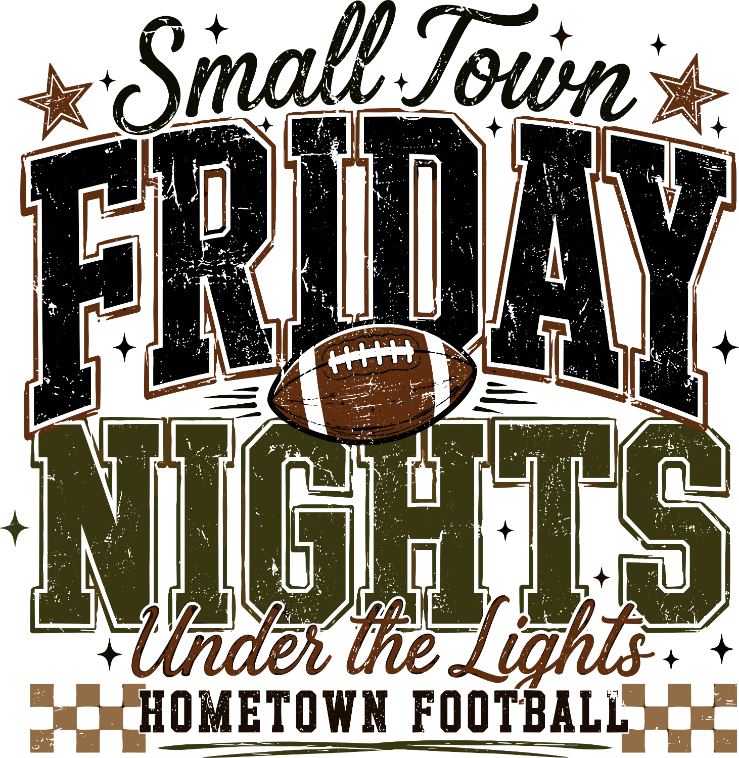 Vintage small town Friday night football design with distressed black and tan lettering, ready to press dtf transfer