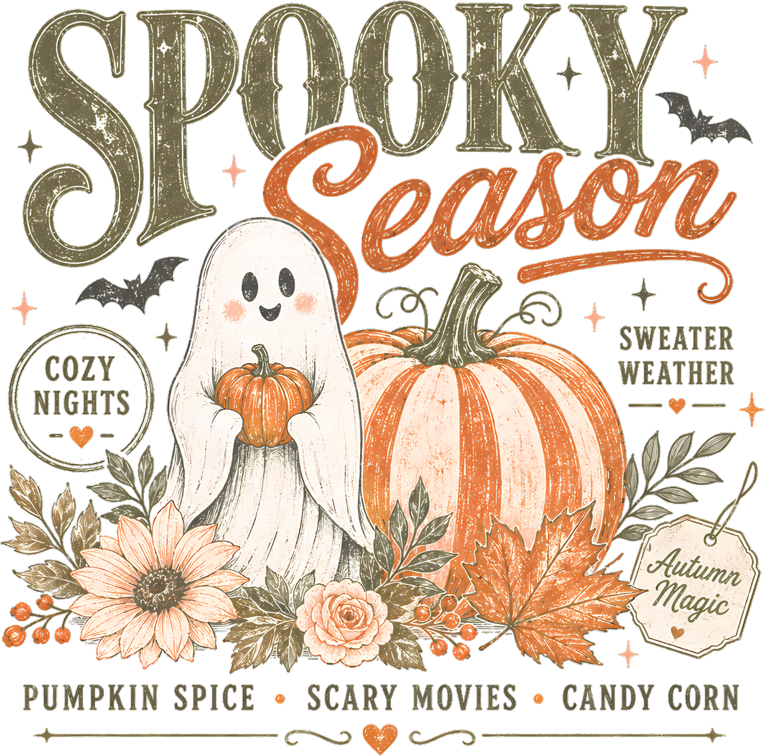 Vintage spooky season DTF transfer with ghost, pumpkins, autumn leaves, and florals—ready to press dtf transfer