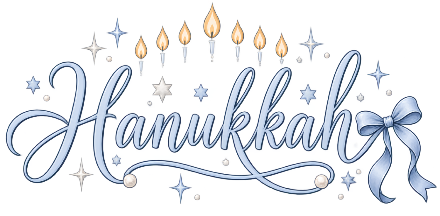 Blue and gold Hanukkah menorah with lit candles, stars, and ribbon bow ready to press dtf transfer