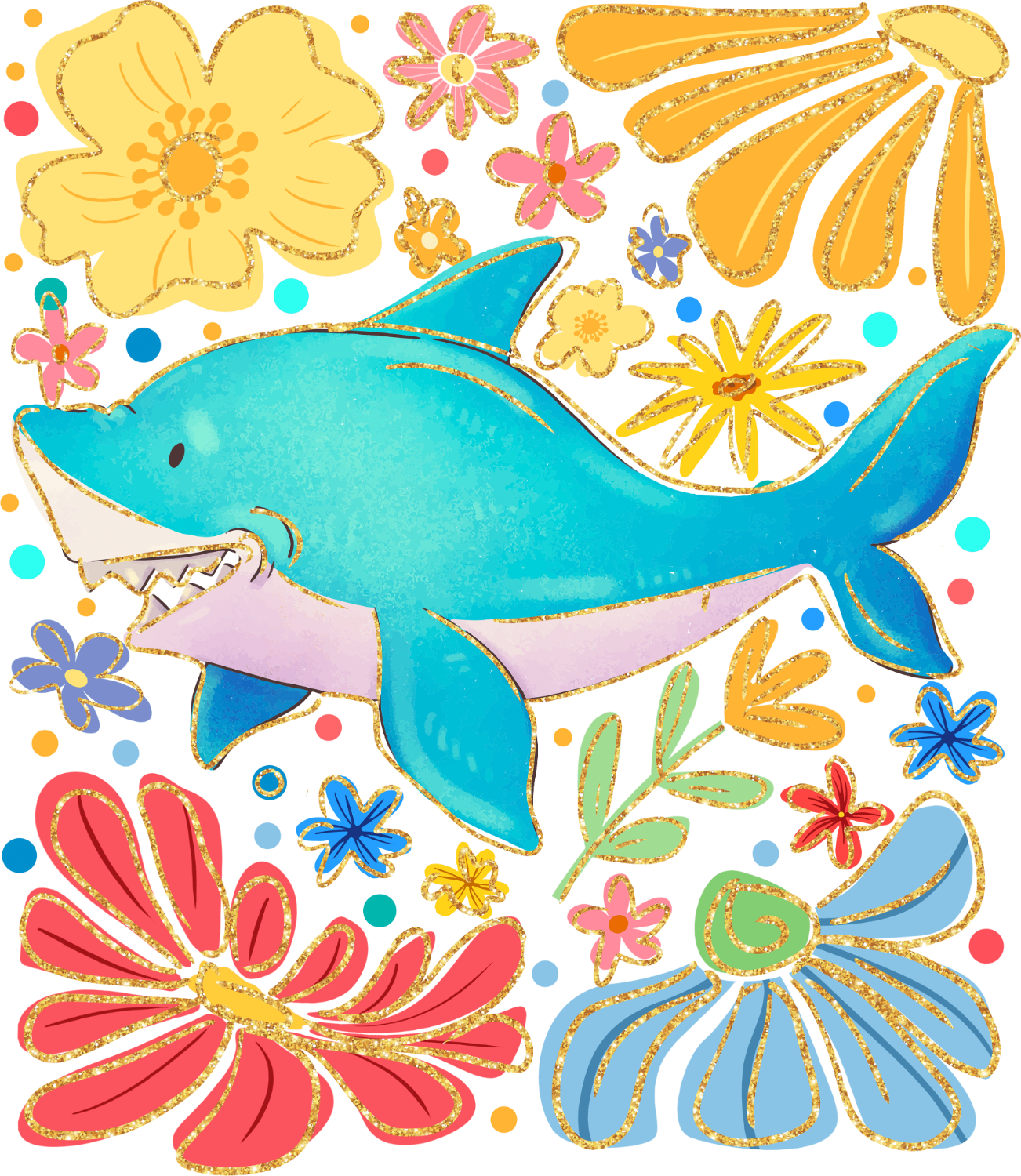Bright turquoise Shark with pink fins surrounded by colorful flowers and gold glitter—ready to press dtf transfer