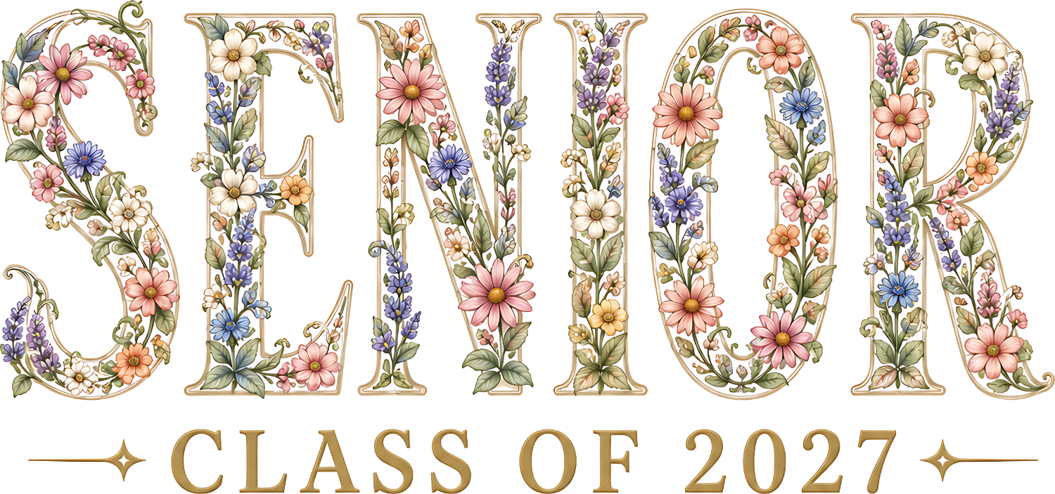 Ornate Senior Class of 2027 text with multicolor wildflower and lavender botanical illustrations, ready to press dtf transfer