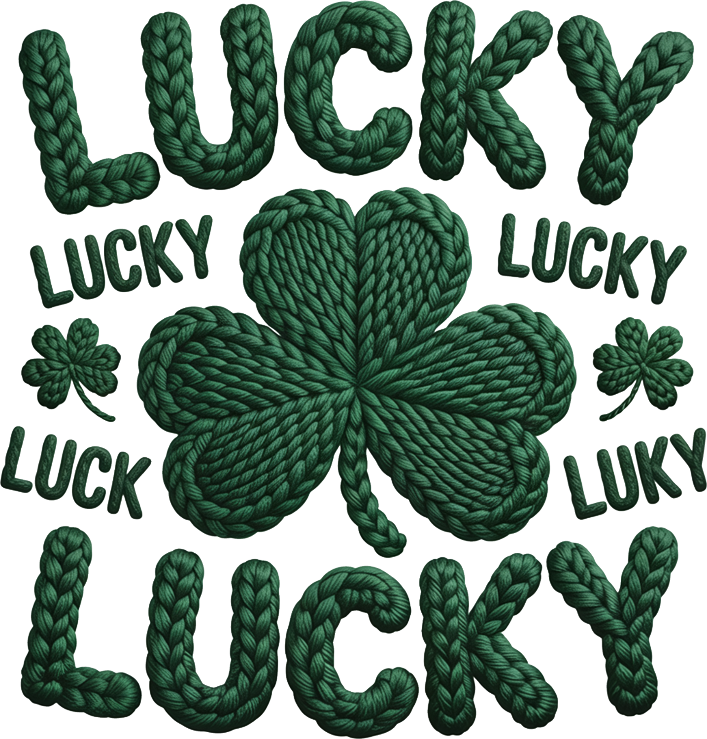 Green rope-textured Lucky design with central four-leaf clover, ready to press dtf transfer for St. Patrick's Day