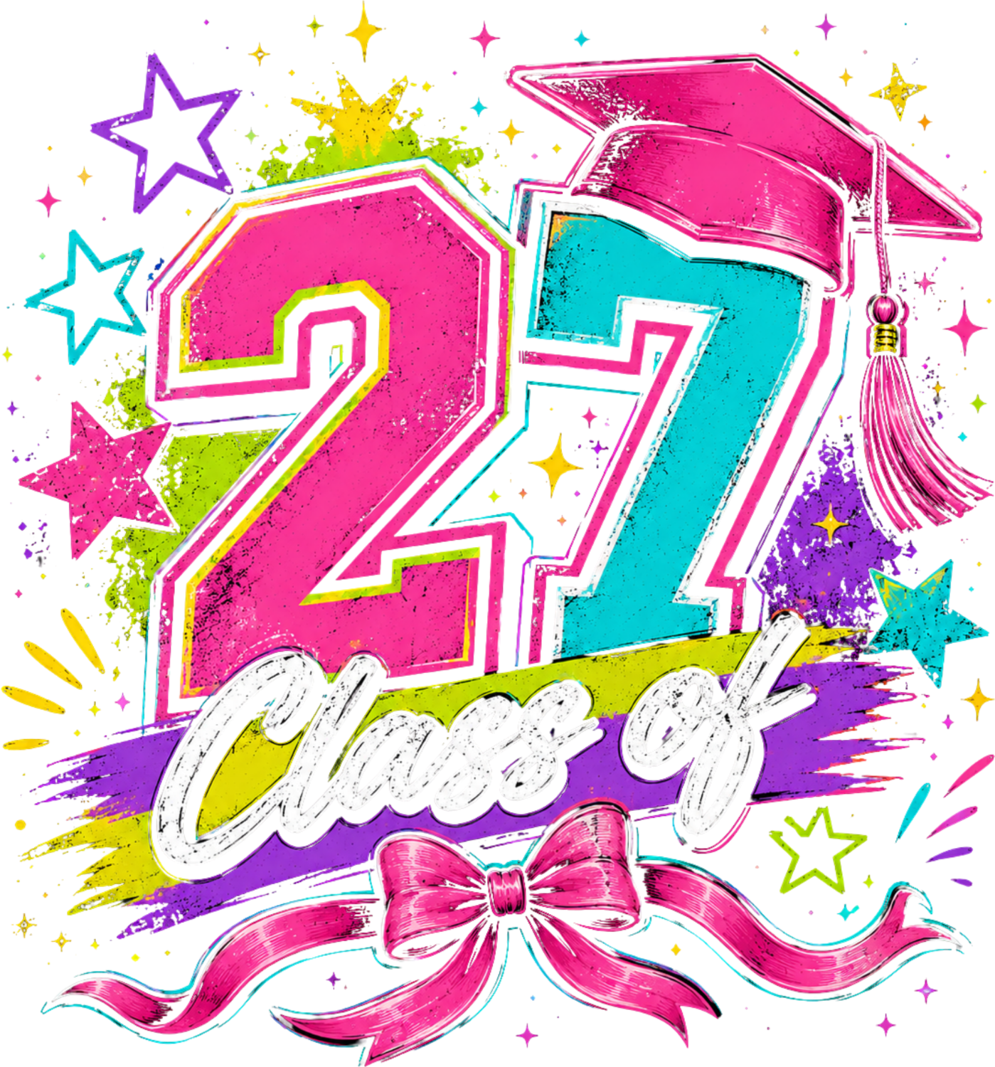 Colorful Class of 27 graduation design with pink and turquoise numbers, cap, stars and ribbon bow ready to press dtf transfer
