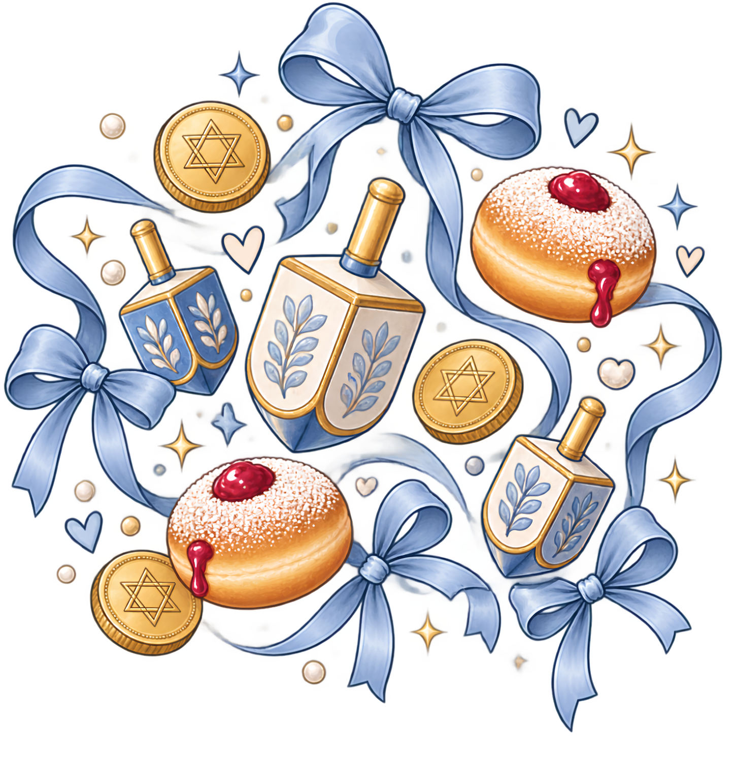 Hanukkah celebration design with dreidels, gold coins, jelly donuts, and blue ribbons ready to press dtf transfer