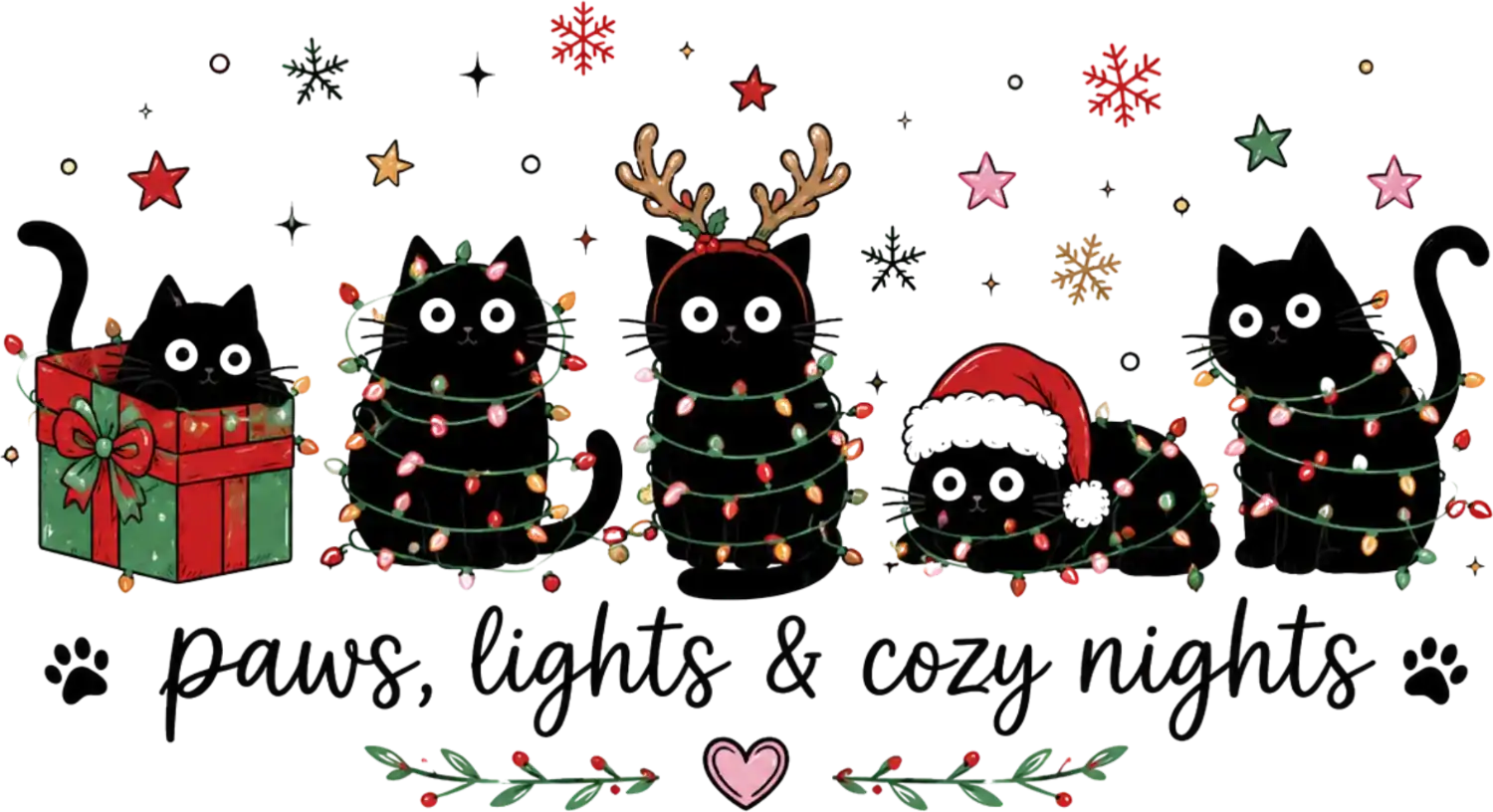 Five playful black cats decorated with Christmas lights, garland, and holiday accessories—ready to press DTF transfer design.