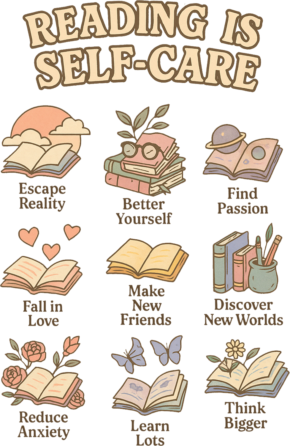 Beige and tan ready to press dtf transfer featuring 'Reading is Self-Care' text with nine illustrated book icons and wellness themes