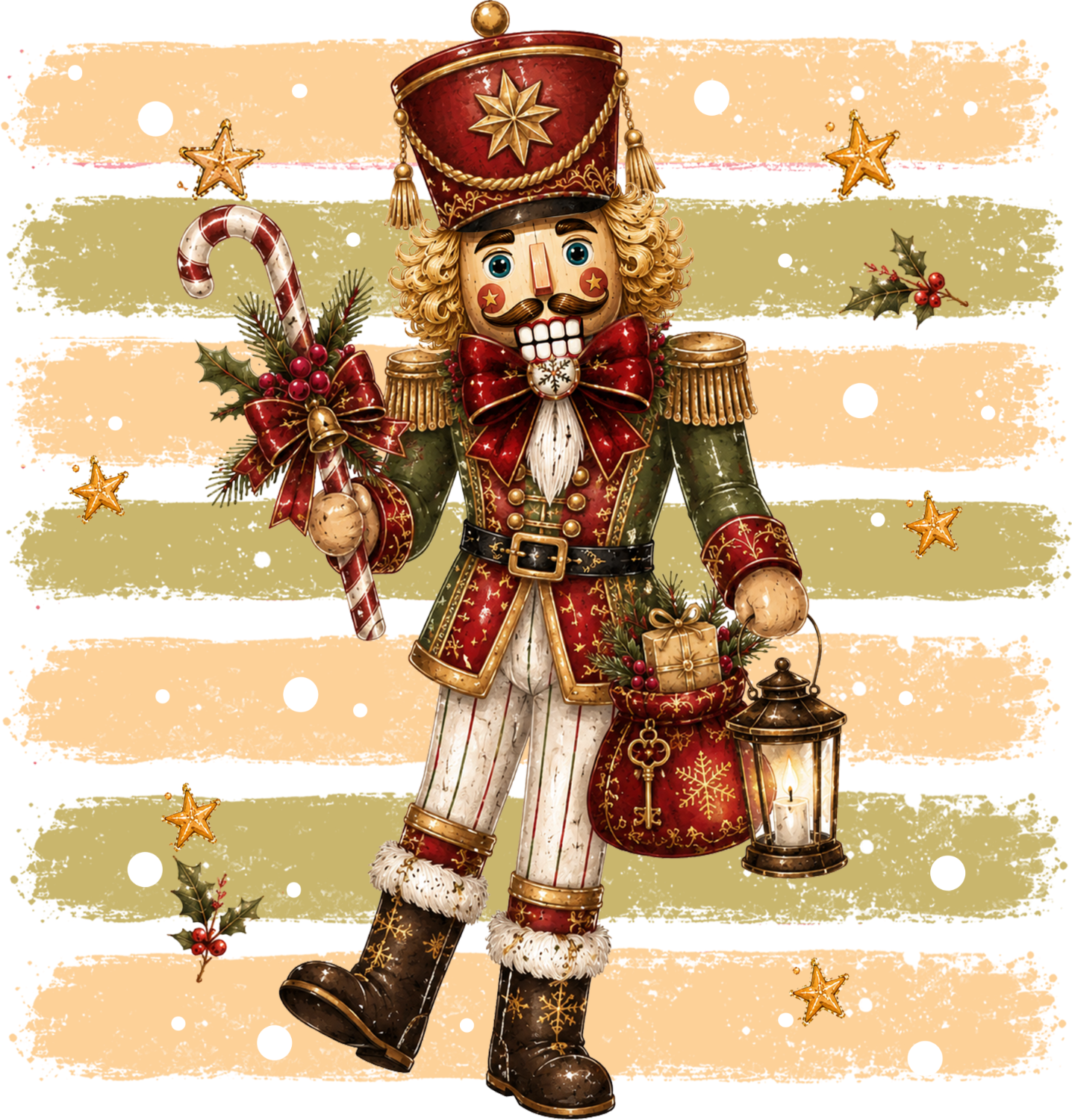 Ready to press DTF transfer featuring a vintage nutcracker soldier in red uniform holding candy cane and lantern on striped background