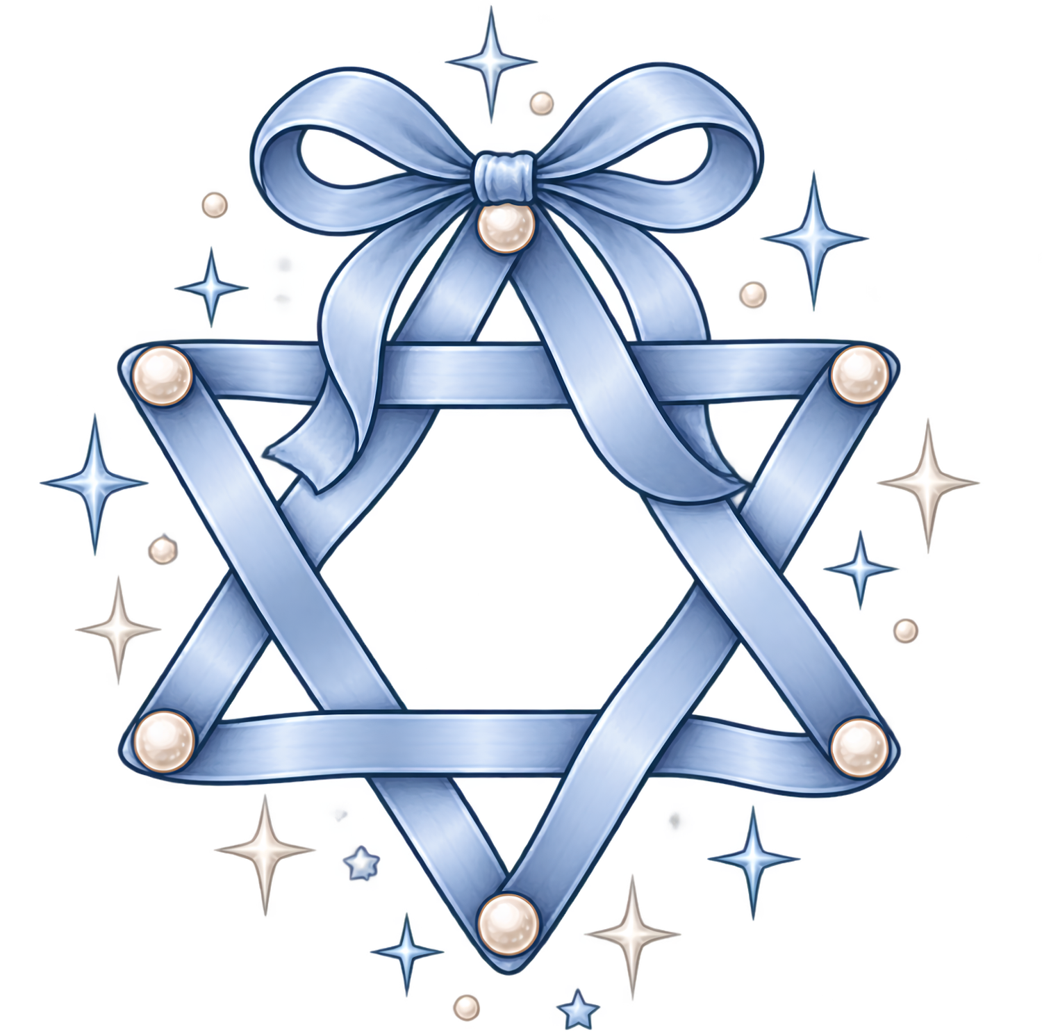 Elegant blue ribbon Star of David with bow and pearl accents, ready to press dtf transfer design with sparkle elements