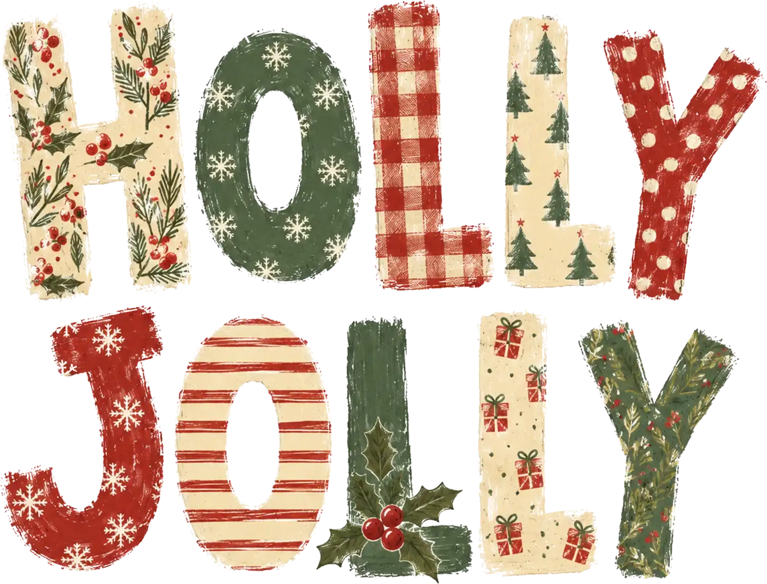 Colorful Holly Jolly Christmas text with vintage festive patterns, ready to press dtf transfer design