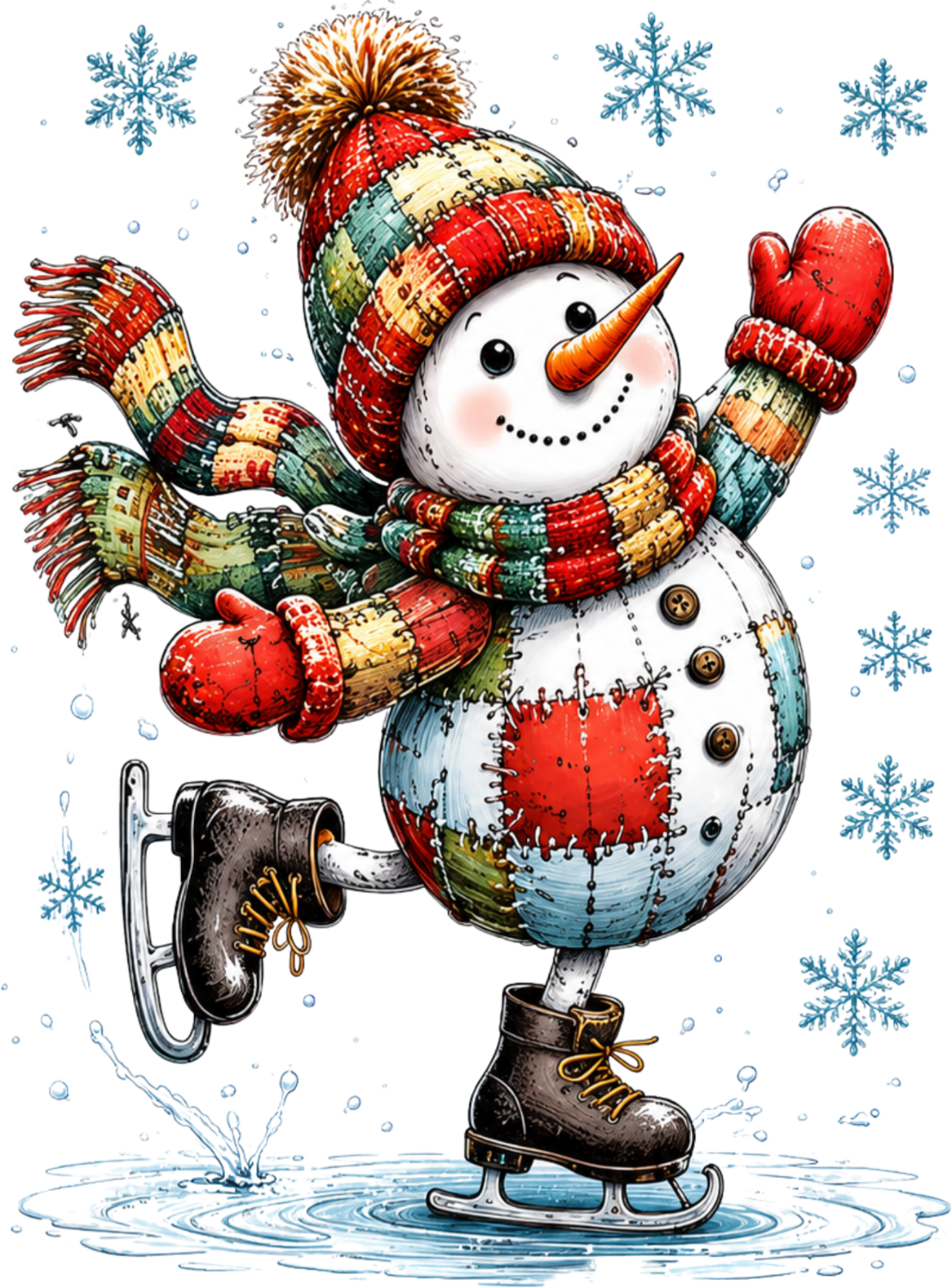 Joyful snowman on ice skates wearing colorful plaid hat and scarf, ready to press dtf transfer