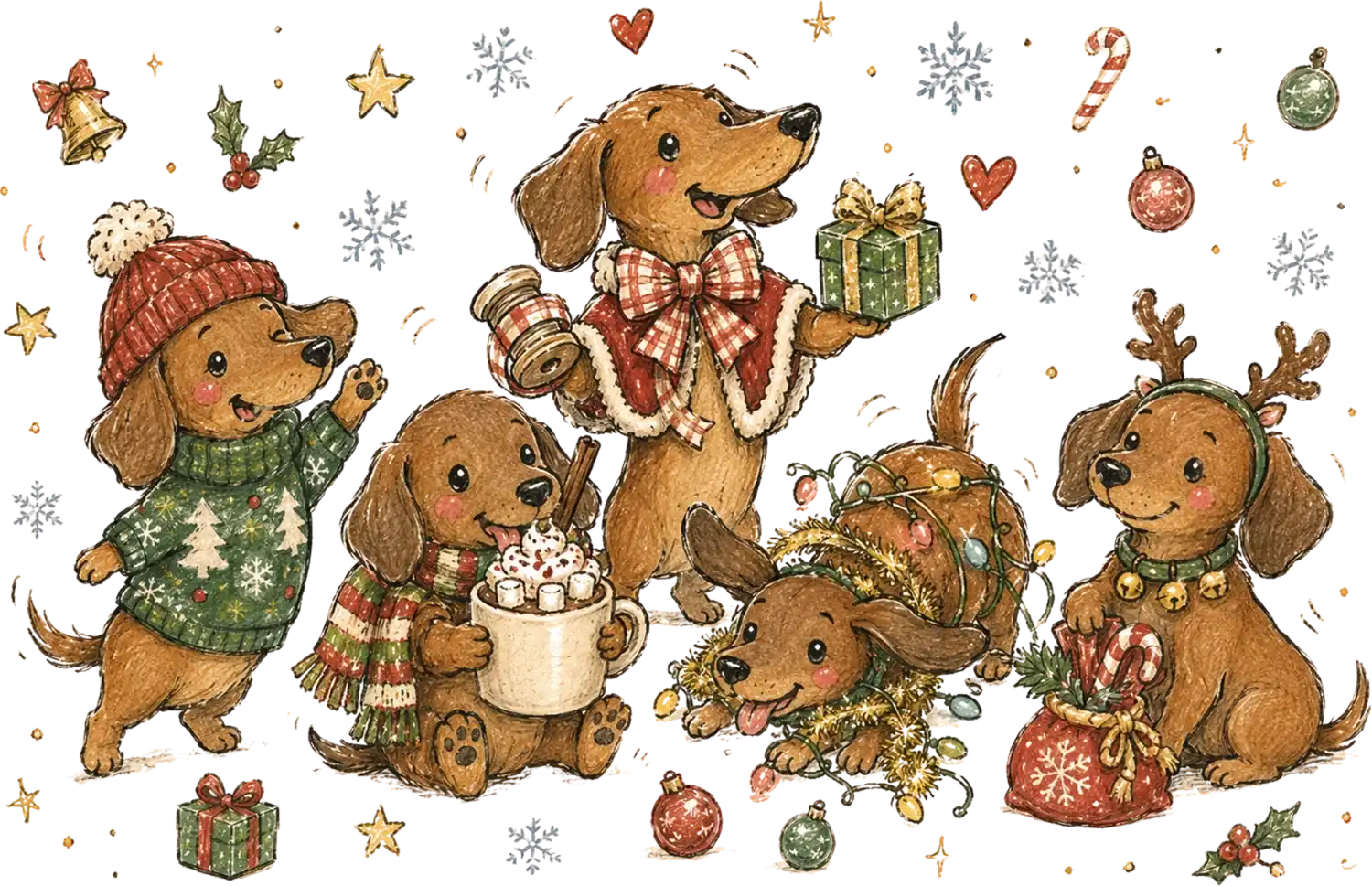 Six adorable brown dachshunds wearing Christmas attire surrounded by holiday decorations, ready to press dtf transfer.
