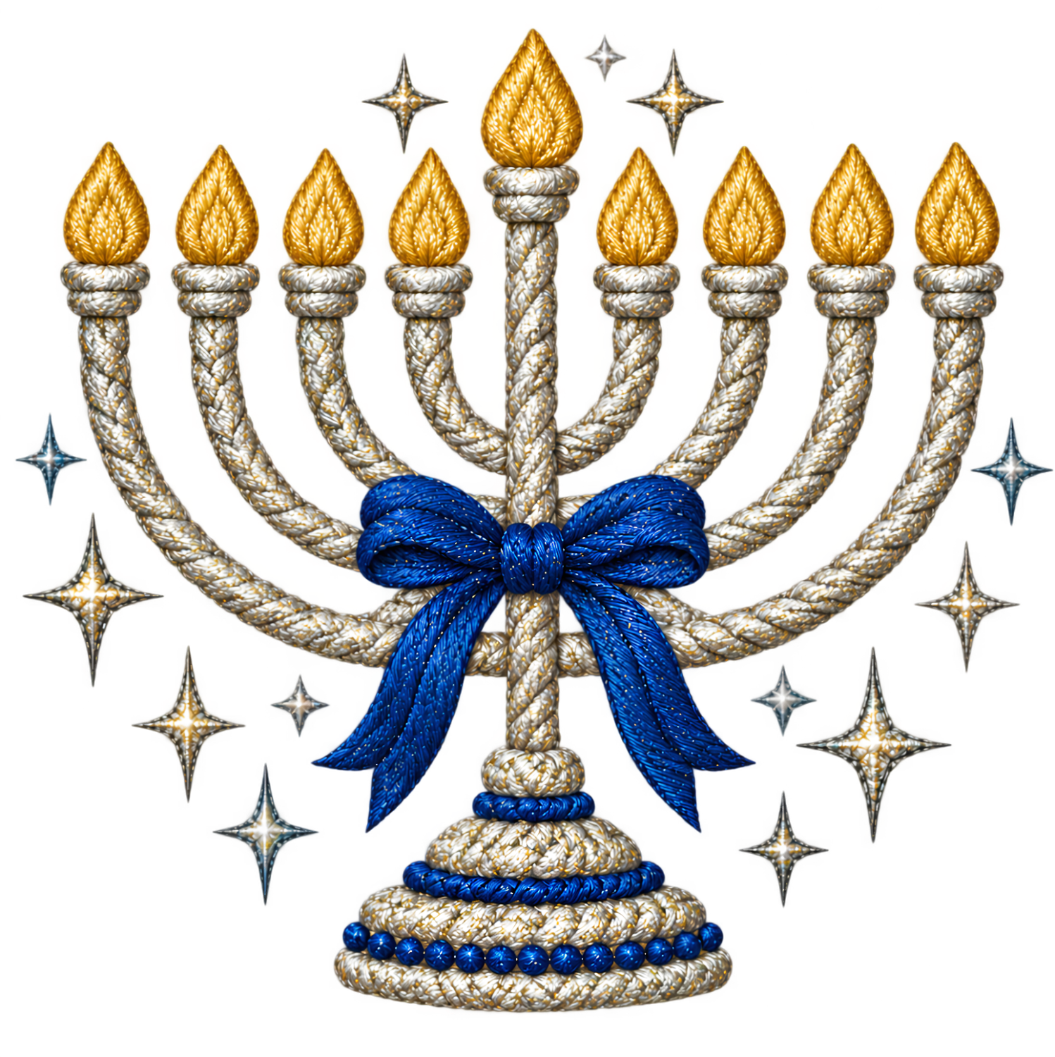 Gold menorah with nine candles, blue bow, and stars, ready to press dtf transfer