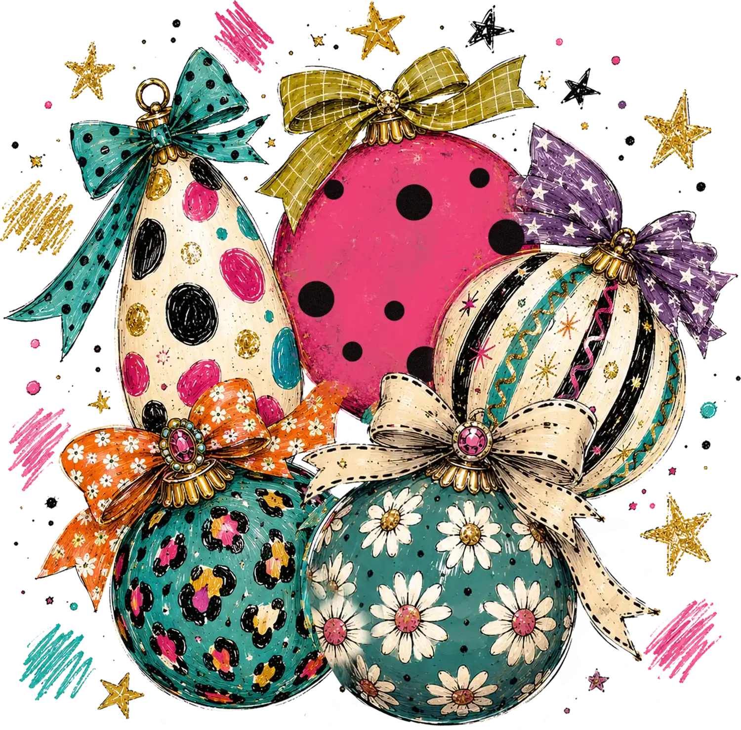 Colorful Christmas ornaments with gold bows ready to press dtf transfer design with festive stars