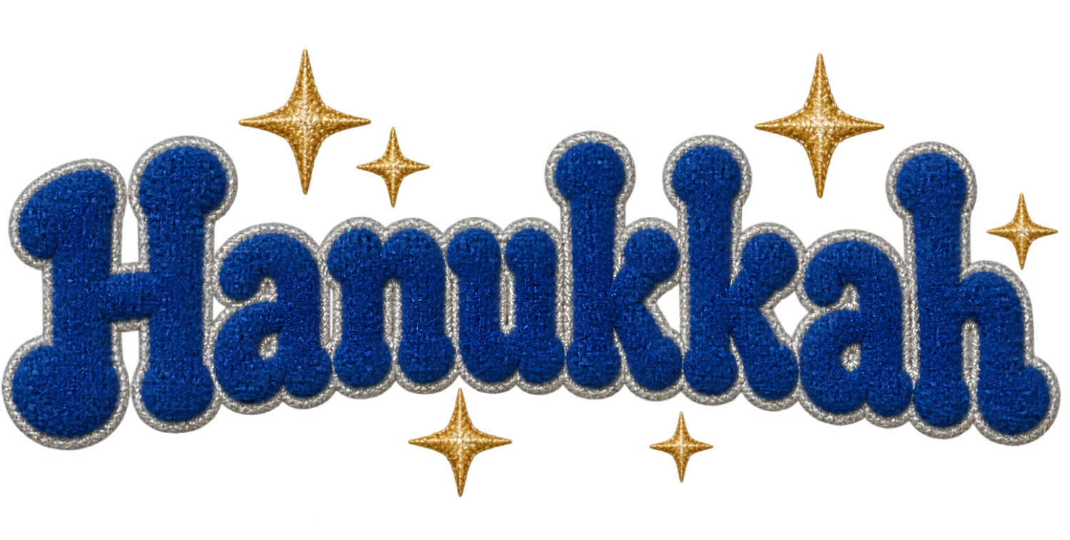Blue and gold Hanukkah text with decorative four-pointed stars, ready to press dtf transfer