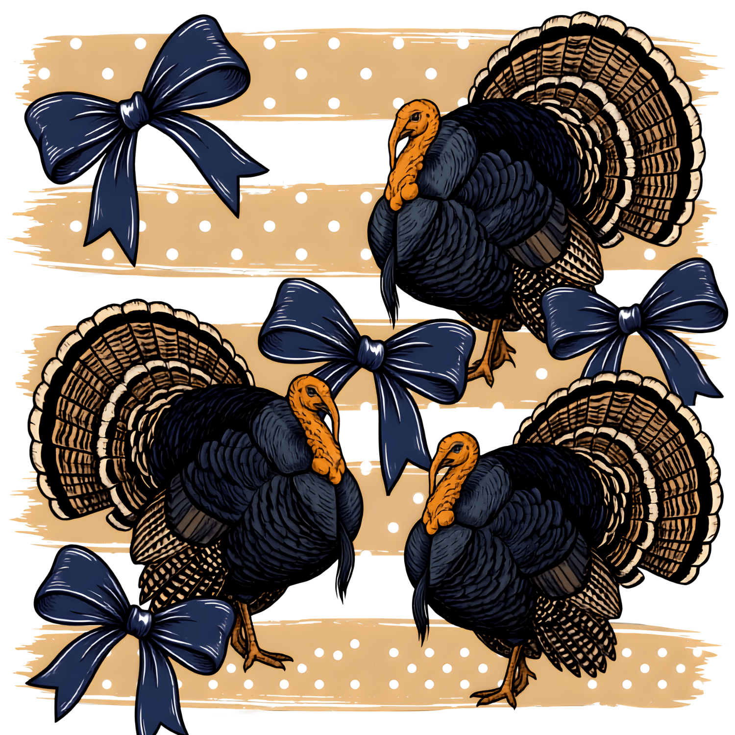 Three black turkeys with tan tail feathers and navy bows on tan polka dot background, ready to press dtf transfer