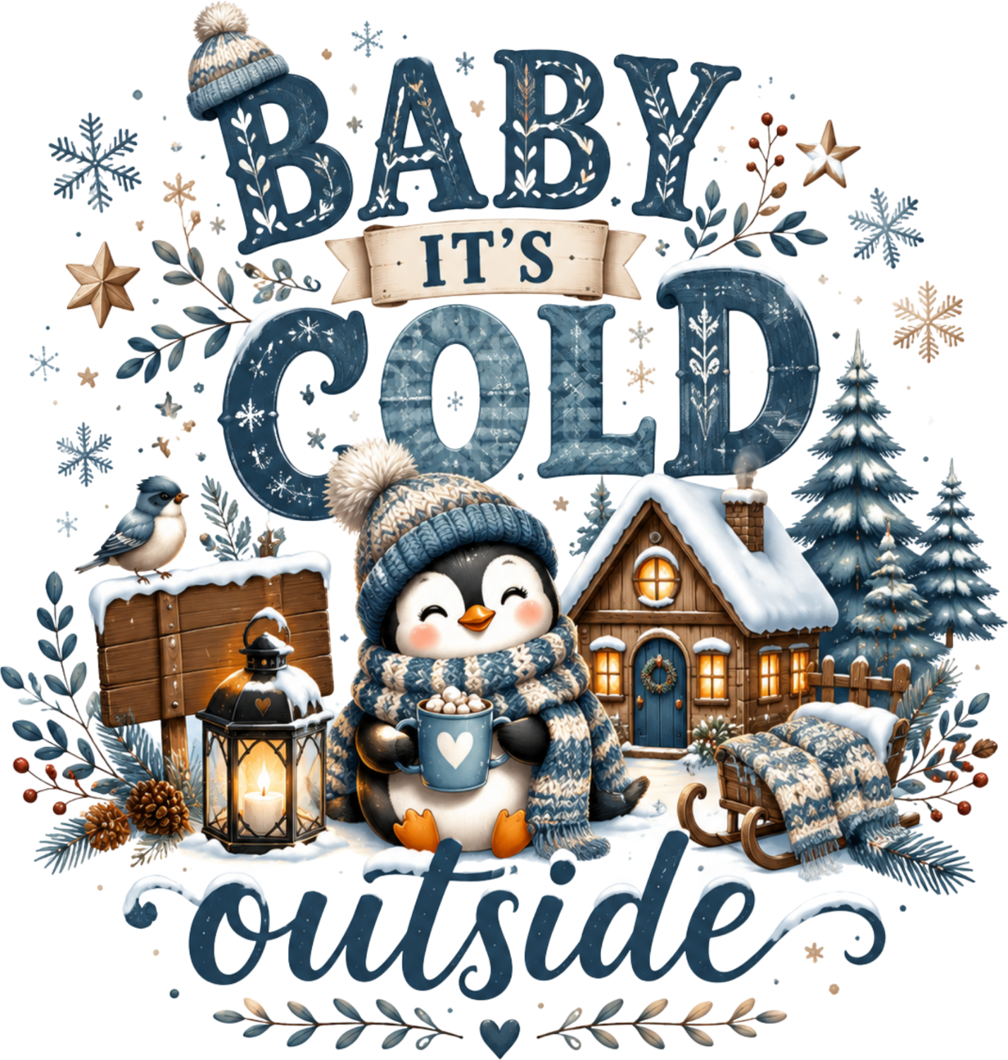 Ready to press DTF transfer with cute penguin holding blue mug, snowy cottage, lantern, and winter florals in navy and cream tones