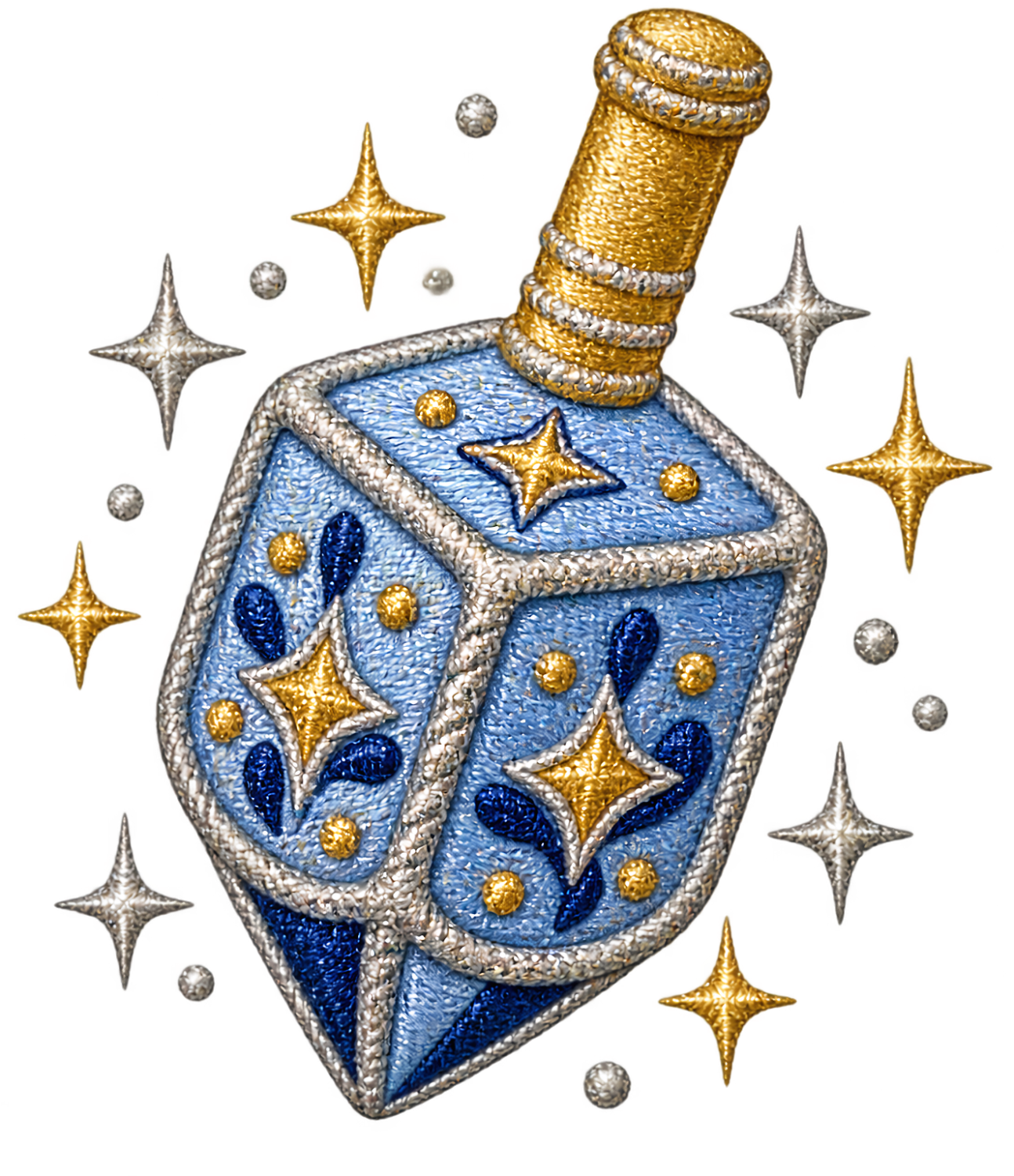 Ornate blue dreidel with gold spiral bands and celestial stars, ready to press dtf transfer design