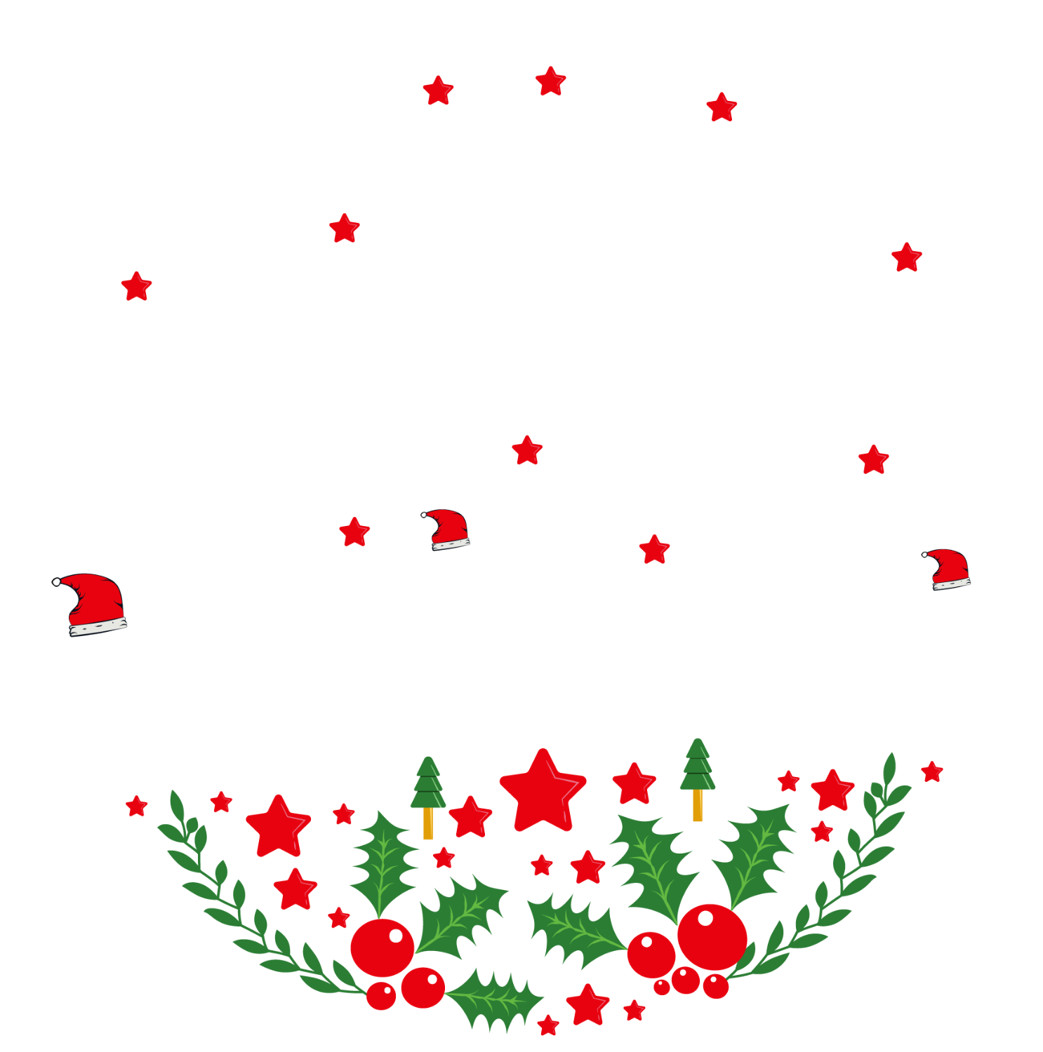 Ready to press DTF transfer featuring red stars, green holly leaves, red berries, and Santa hats in a festive holiday garland design