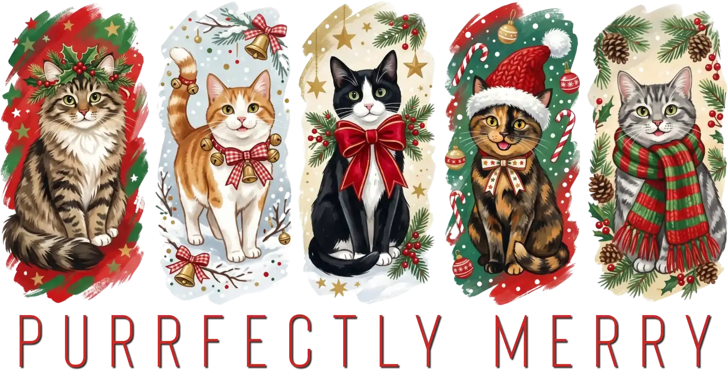 Five illustrated cats wearing holiday decorations and festive outfits, ready to press dtf transfer with red and green seasonal elements
