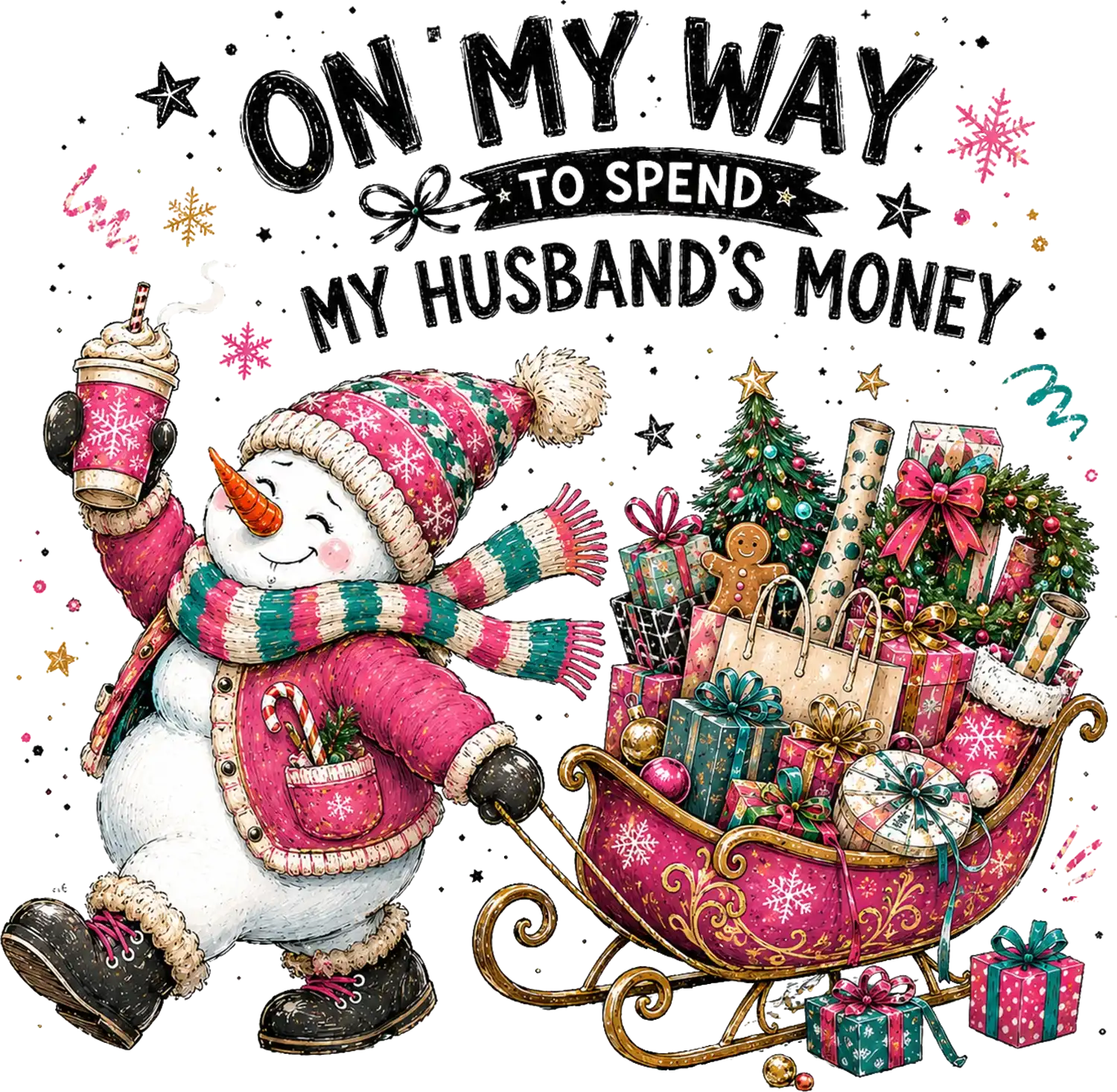 Cheerful snowman in pink hat holding coffee with oversized gift-filled sleigh, ready to press dtf transfer design