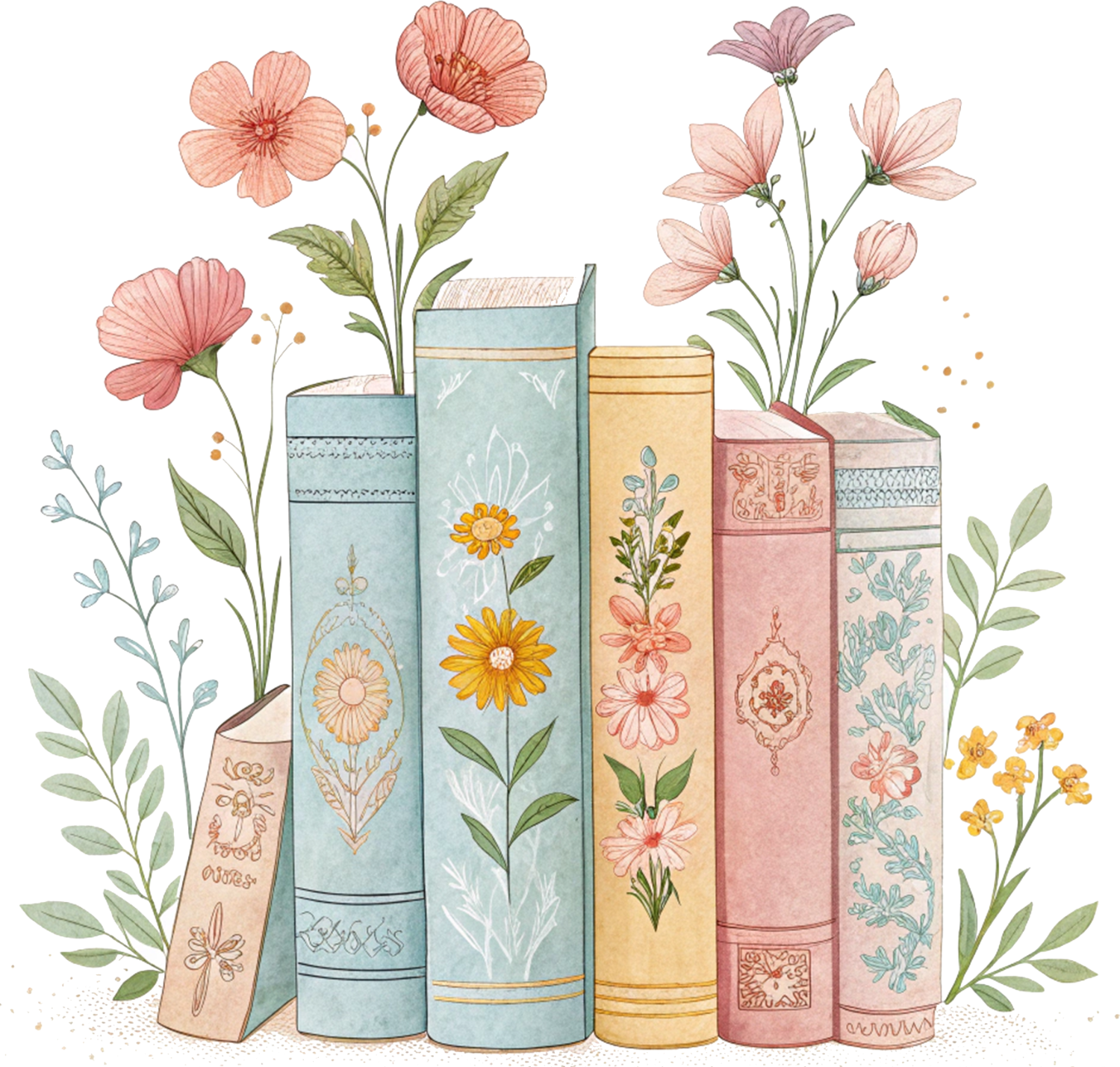 Vintage floral books with pink and coral flowers ready to press dtf transfer design illustration