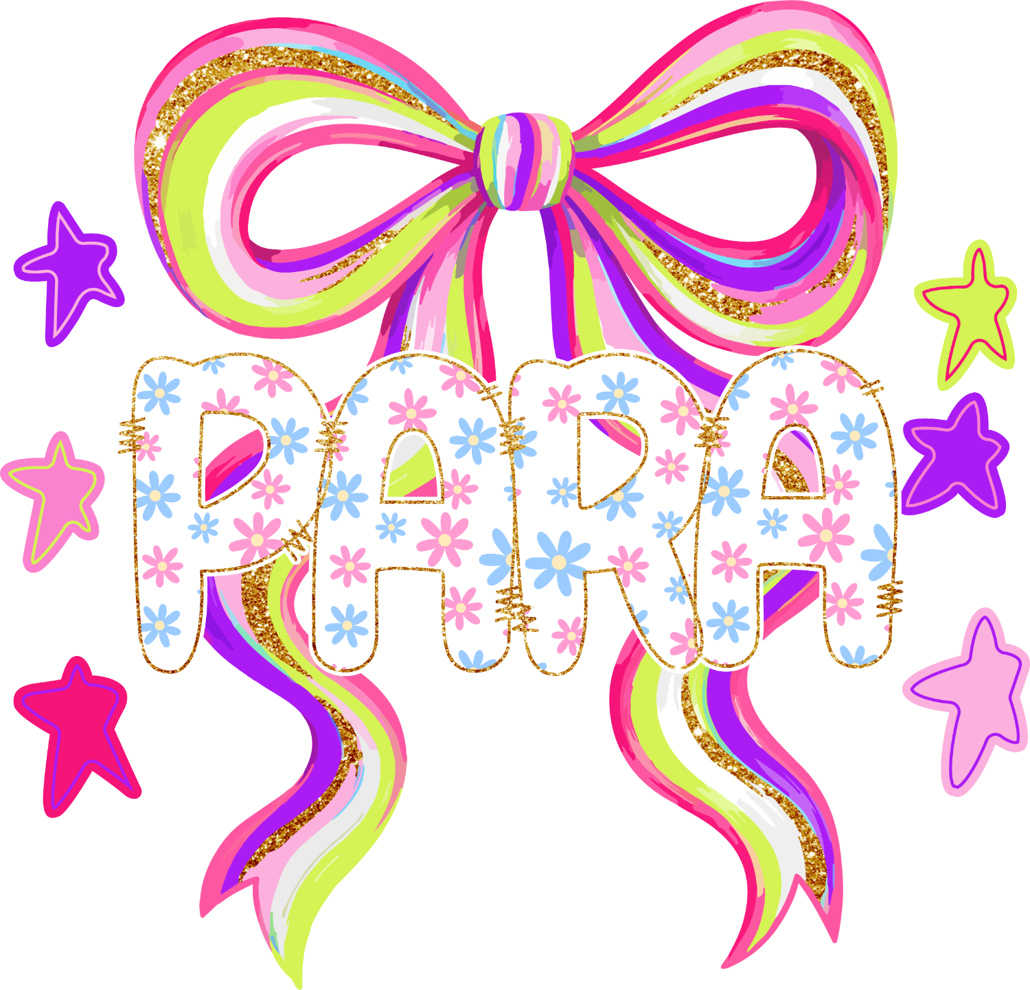 Colorful rainbow bow with Para text in floral pattern, ready to press dtf transfer with gold glitter accents